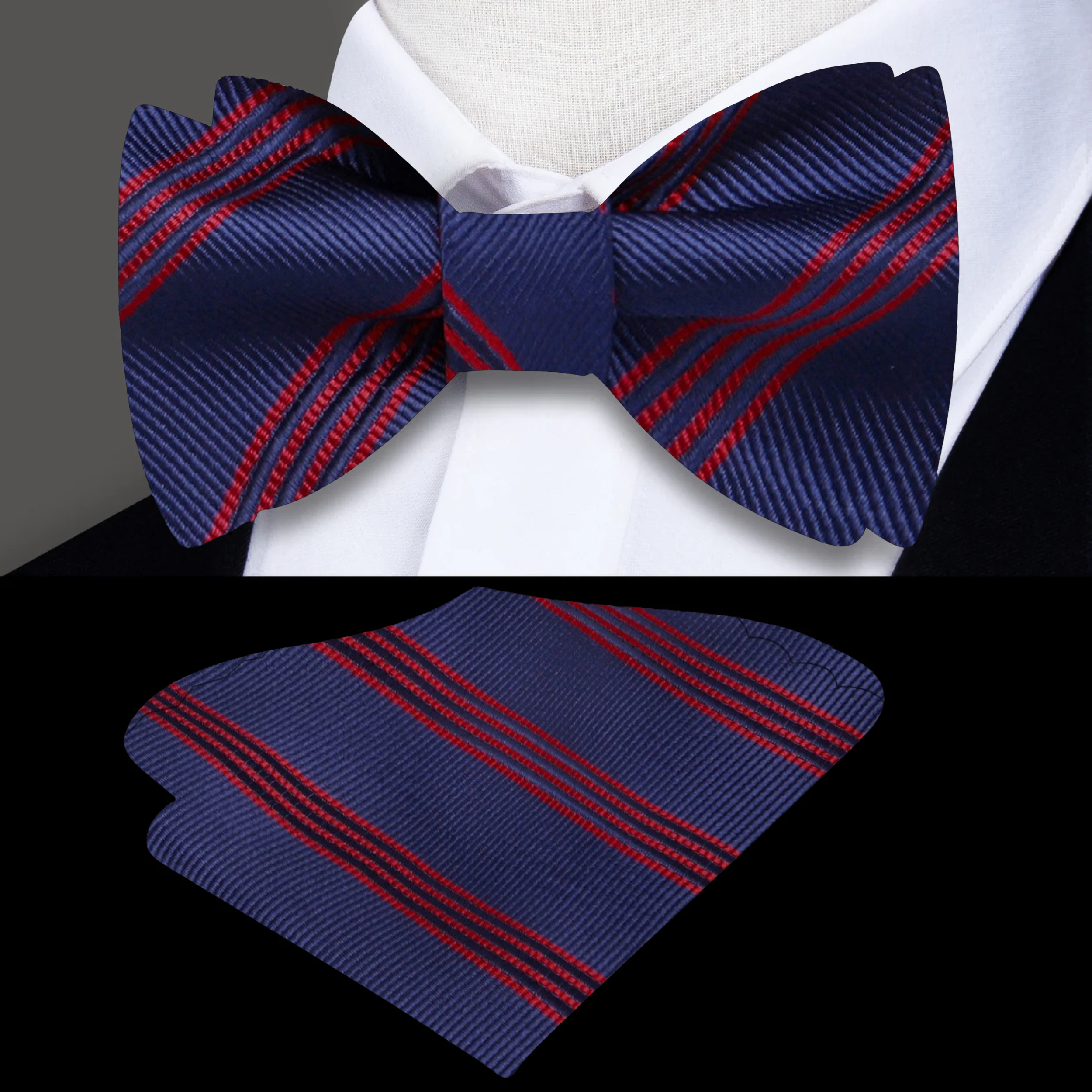 Close-up of luxury striped silk bow tie in oxford blue for formal wear