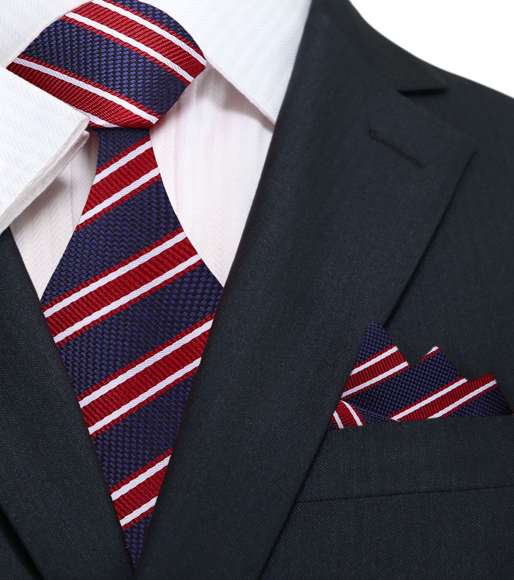Man wearing the striped silk tie with a navy suit at a formal event