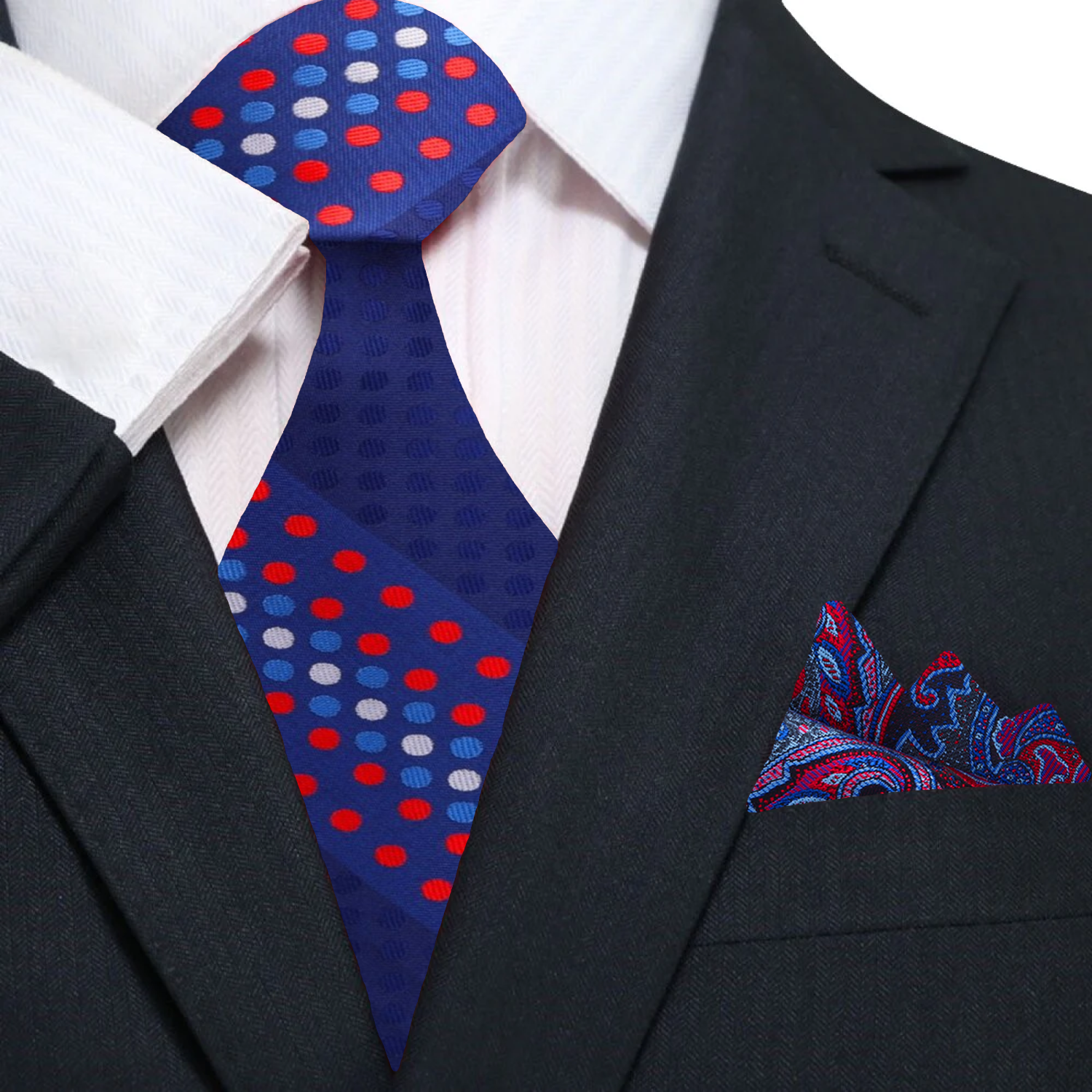 Mens silk tie with polka dot pattern paired with a navy suit