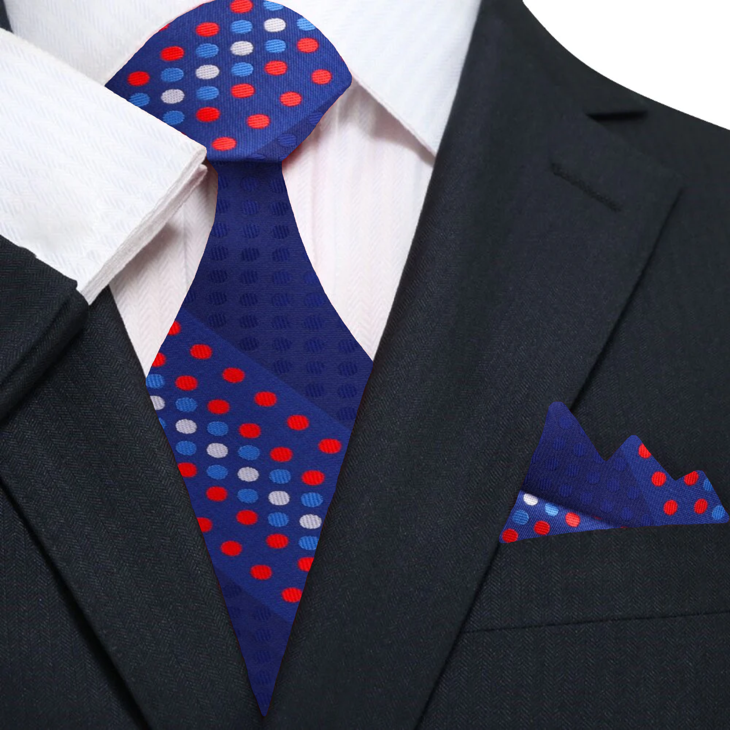 Mens silk tie with polka dot pattern paired with a navy suit