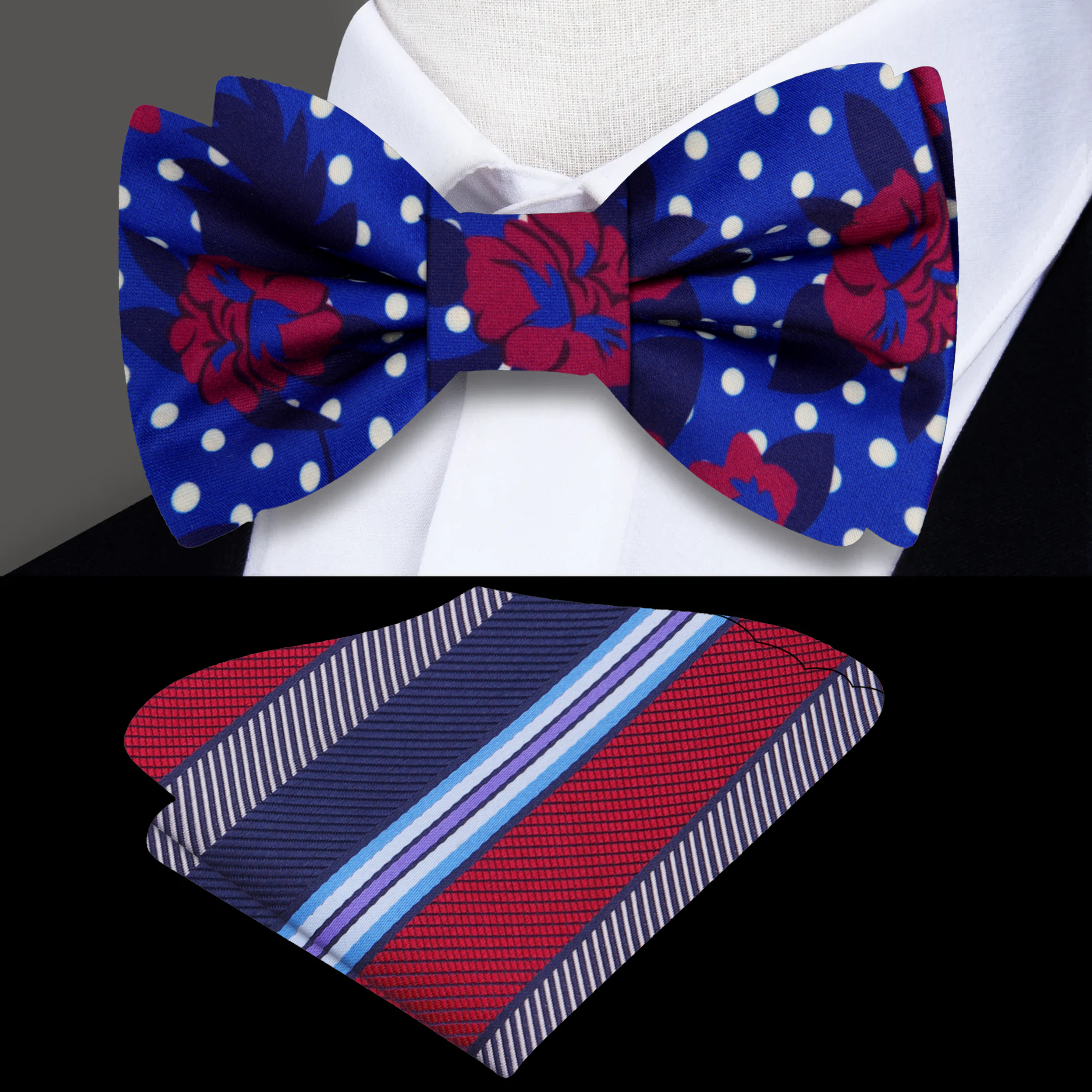 Front view of a stylish silk bow tie with vibrant floral pattern, perfect for garden parties