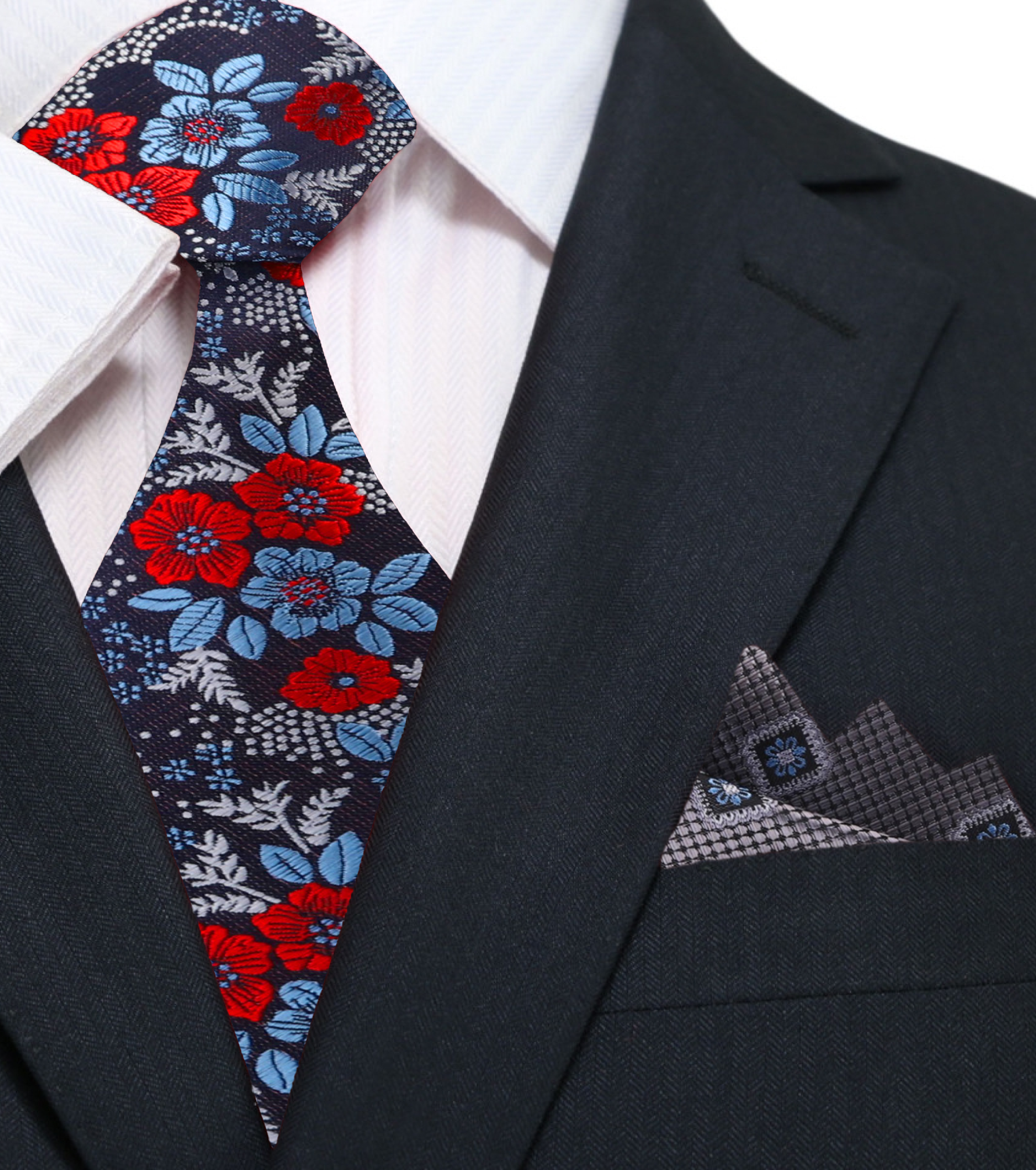Model wearing floral silk necktie with navy suit for a business dinner