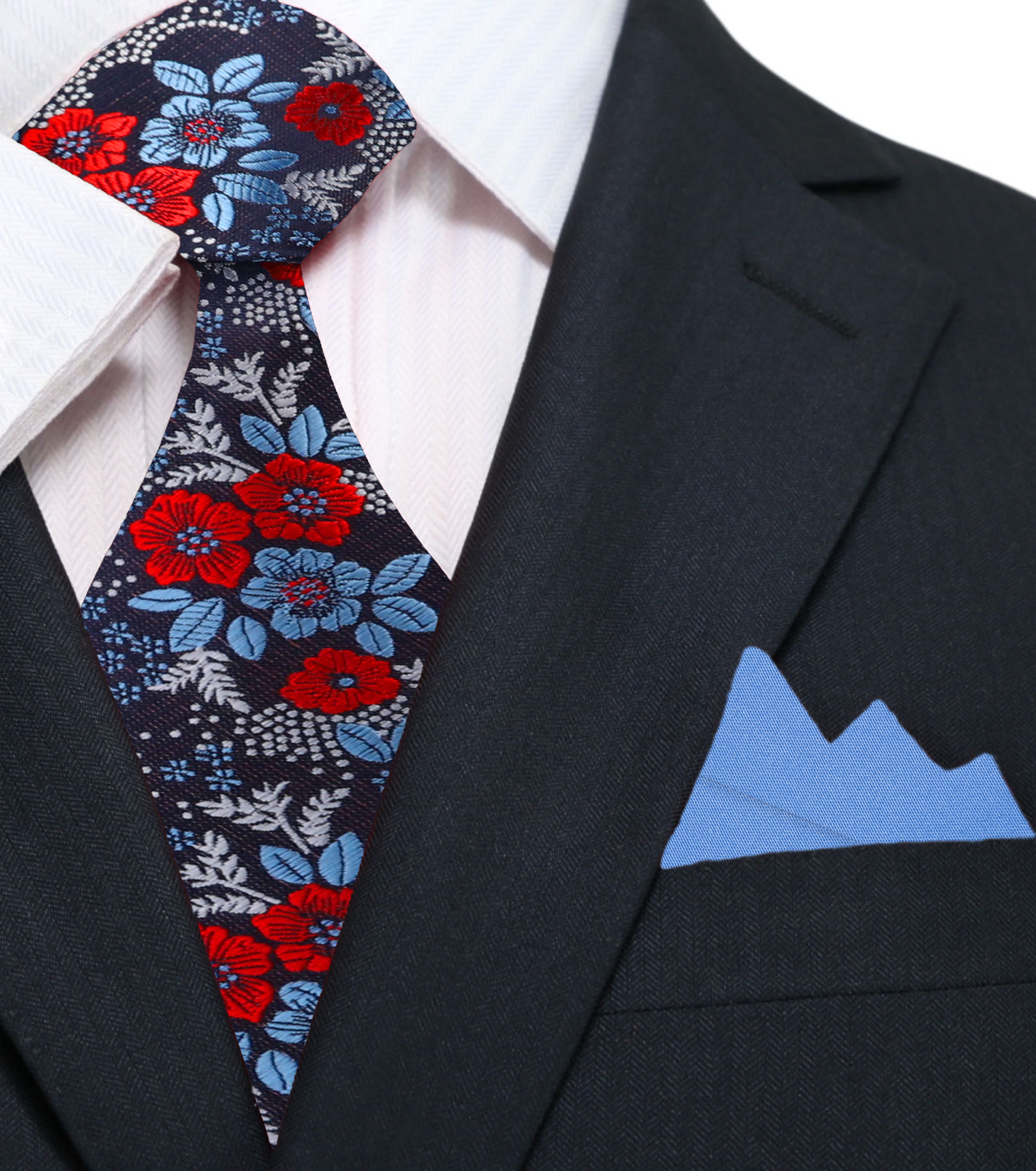 Model wearing floral silk necktie with navy suit for a business dinner