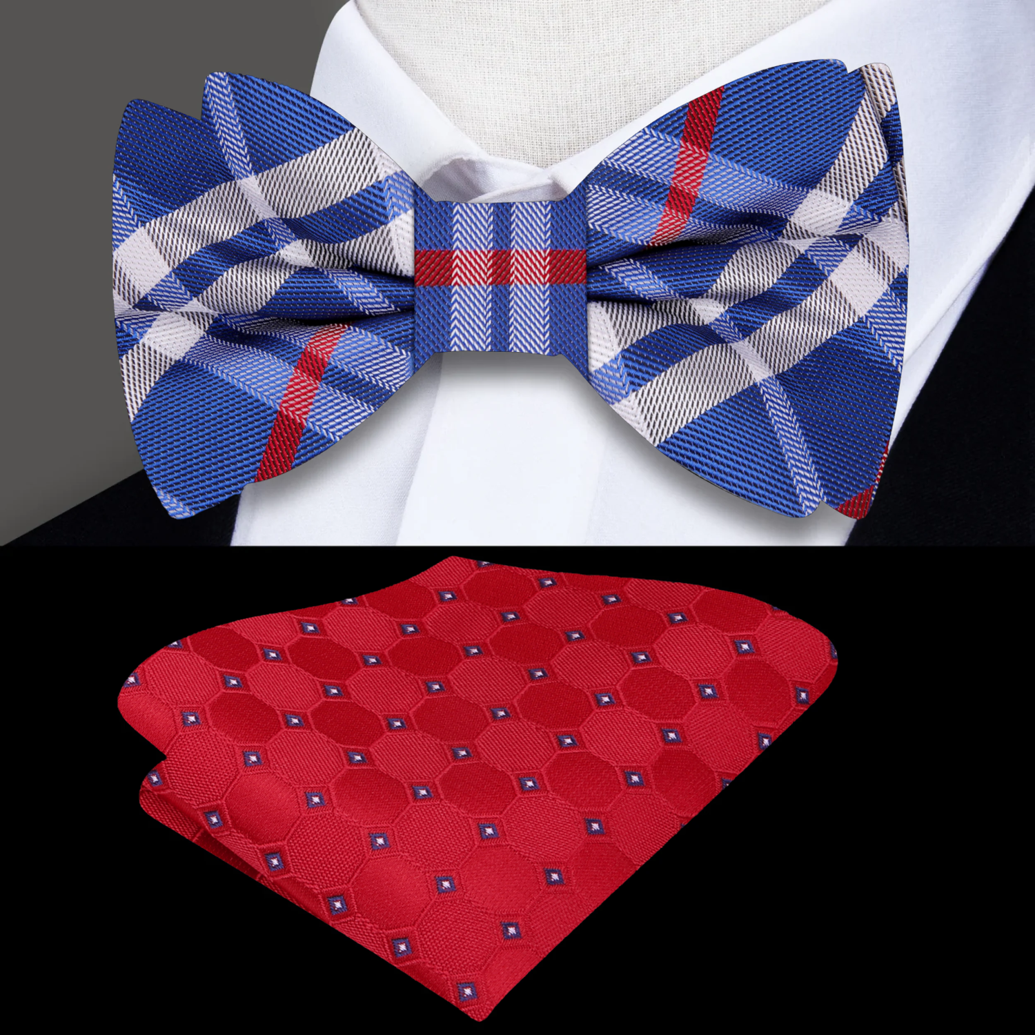 Flat lay of the Blue, White, and Red Plaid Silk Bow Tie next to a matching pocket square.