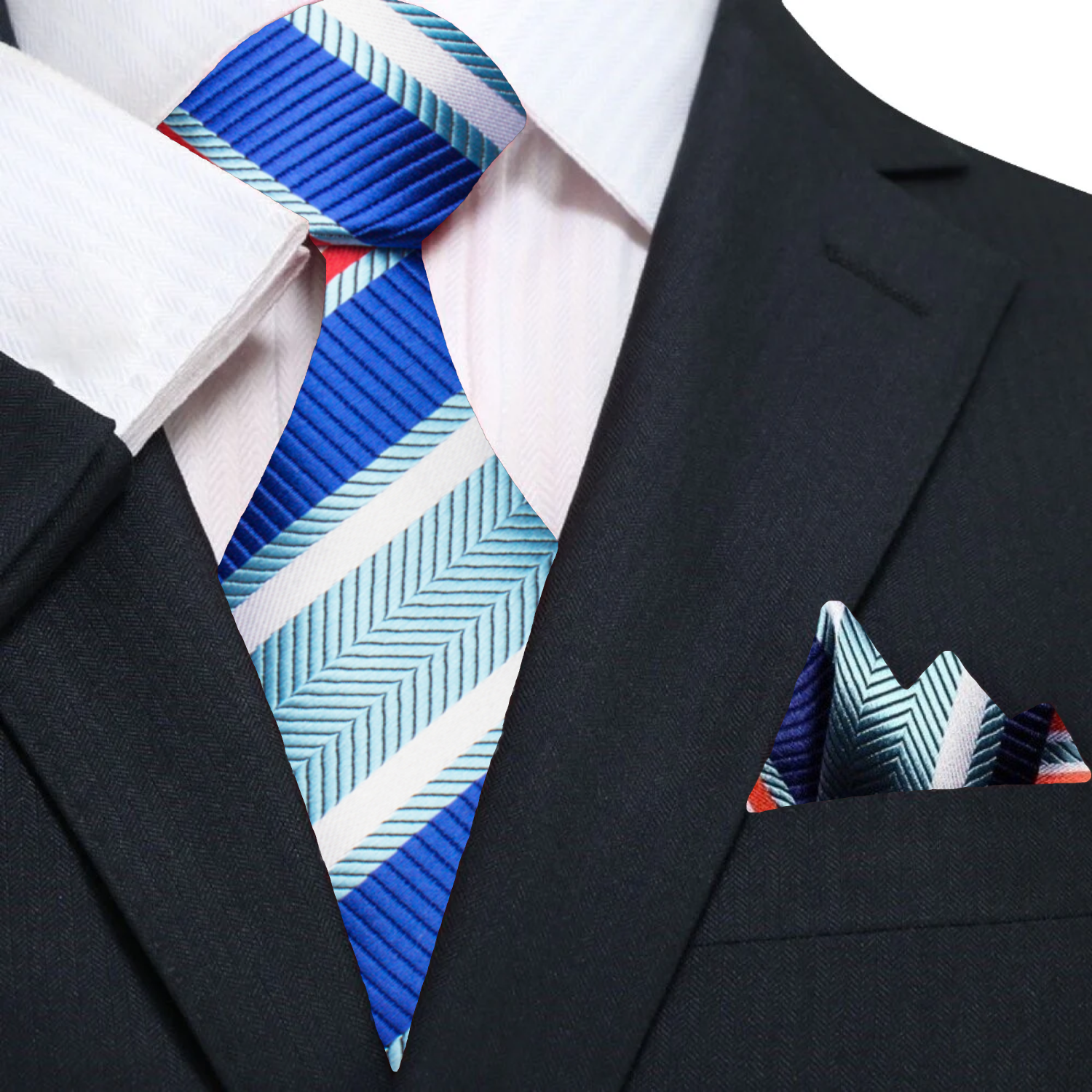 Front view of a red and black striped silk tie on a mannequin