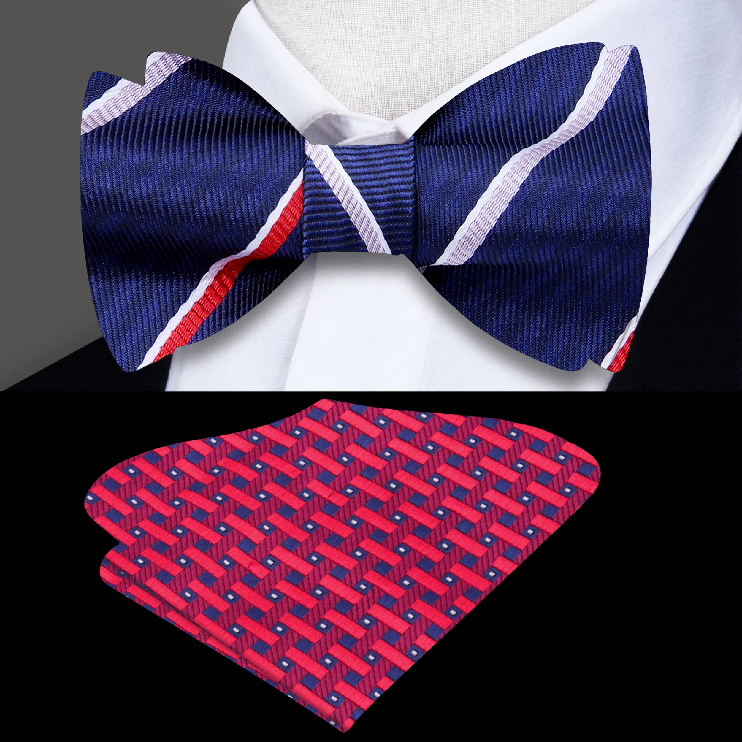 Close-up of grey and blue striped silk bow tie on a model, highlighting the pattern and fabric quality