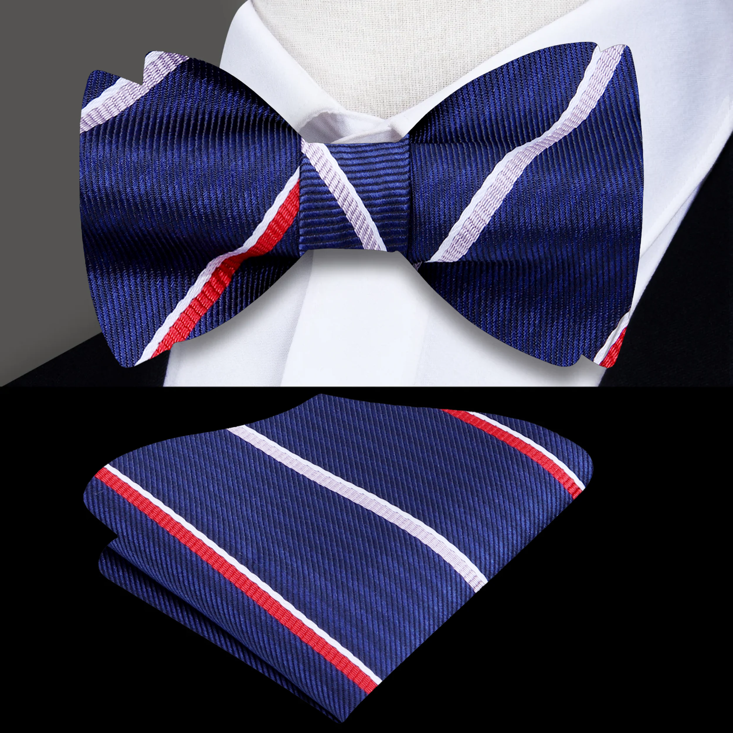 Man adjusting an adjustable silk bow tie for men, demonstrating fit and style