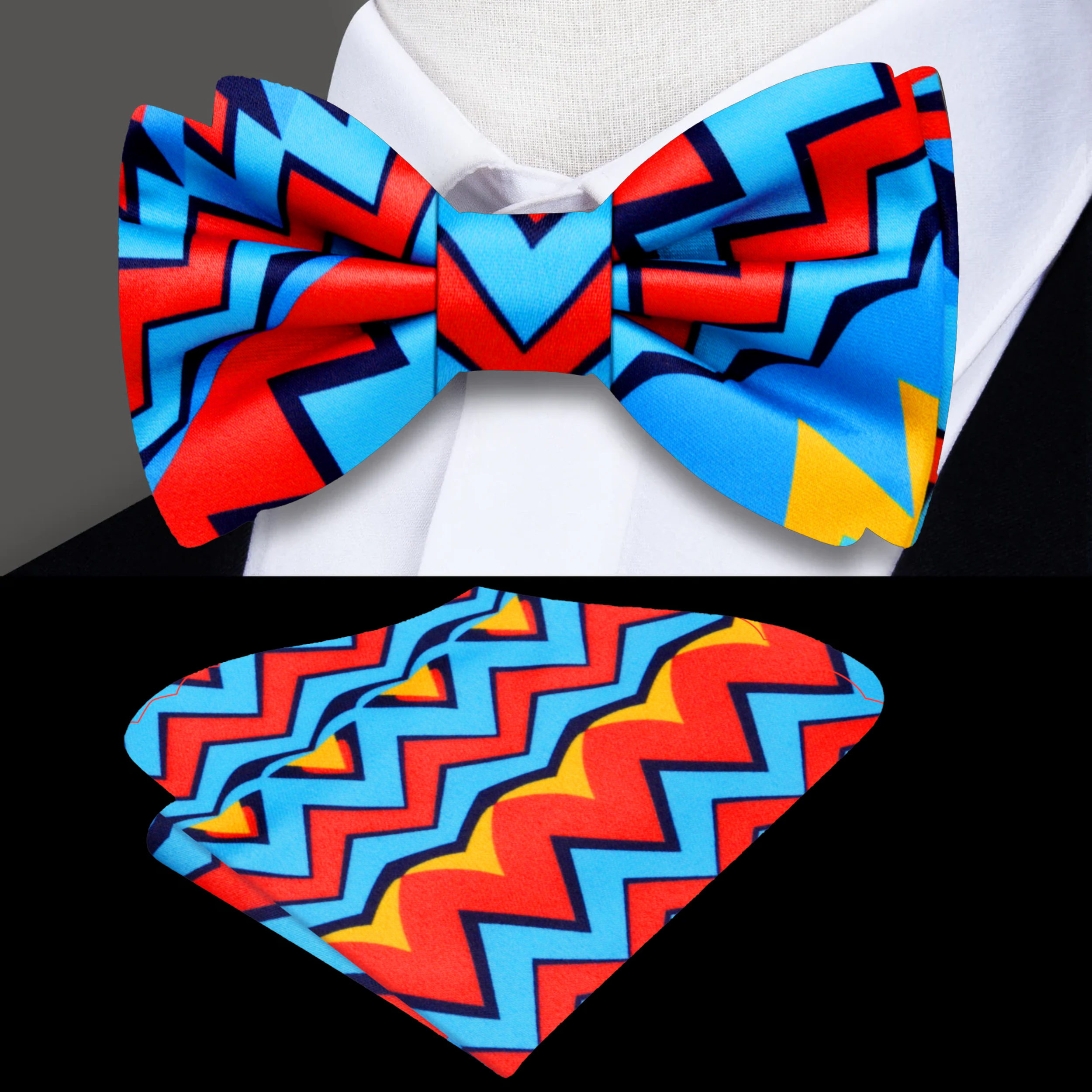 Close-up of the vibrant abstract bow tie on a white dress shirt, highlighting its rich colors.