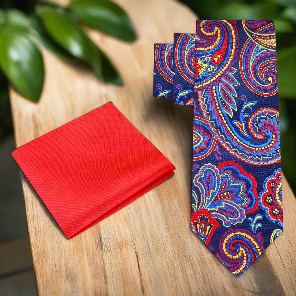 Close-up of the vibrant paisley pattern on Calverton silk necktie, perfect for weddings
