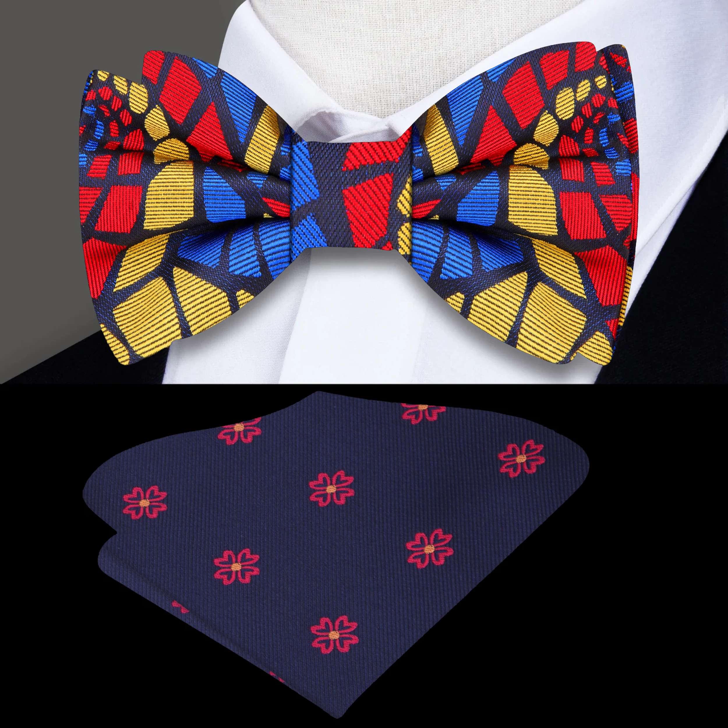 Vibrant abstract swirl bow tie displayed with matching pocket square, elegantly styled for a wedding outfit.