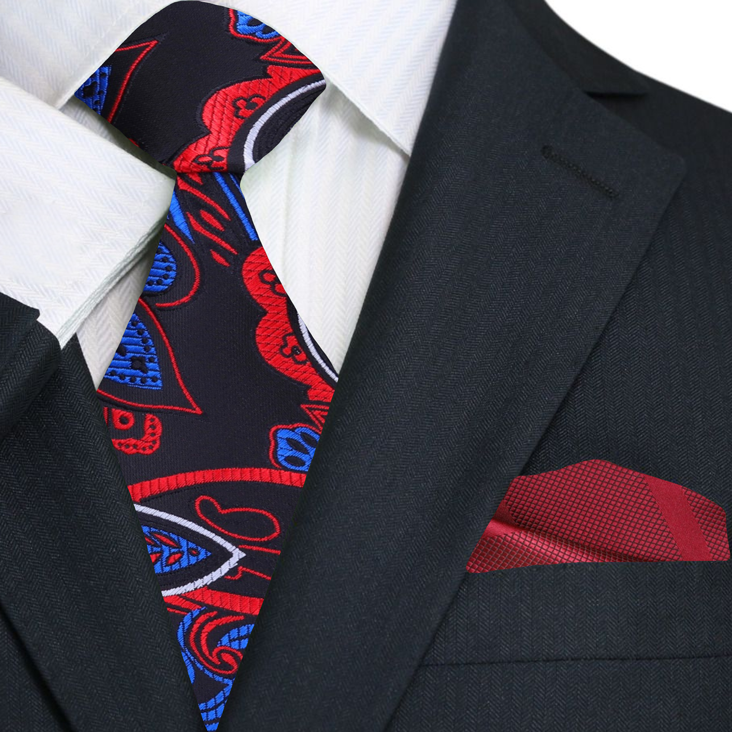 Elegant paisley silk tie in dark blue, red, black, and white for formal wear