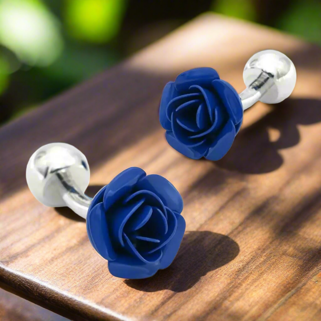 Close-up of elegant rose cufflinks set, showcasing the intricate design.