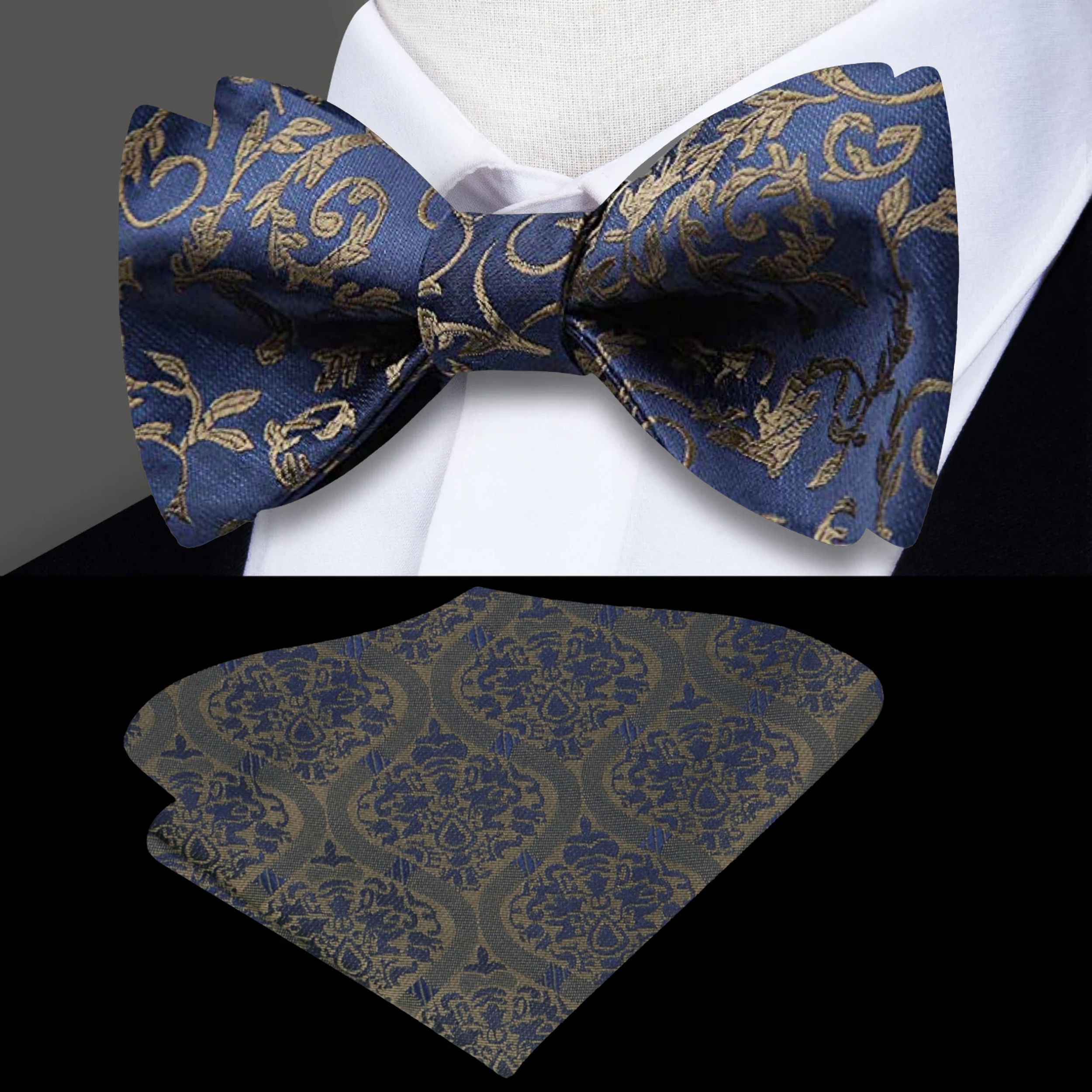 Navy blue silk bow tie with sage green floral pattern, front view