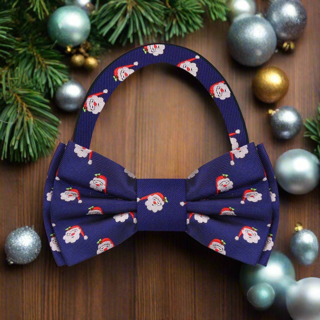Model wearing Santa bow tie with a white shirt for Christmas gathering
