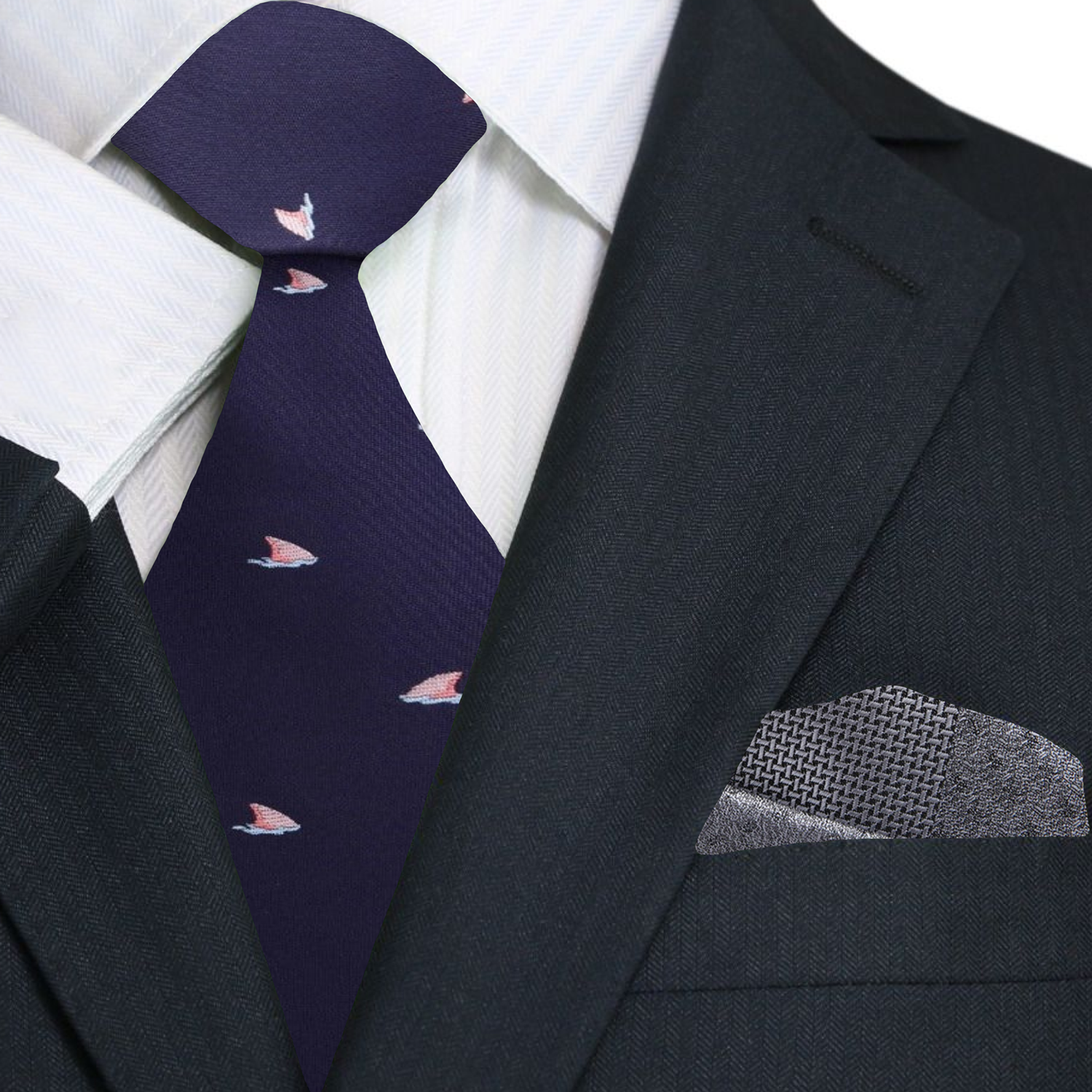 Close-up view of shark fins necktie showcasing vibrant colors against a dark background.