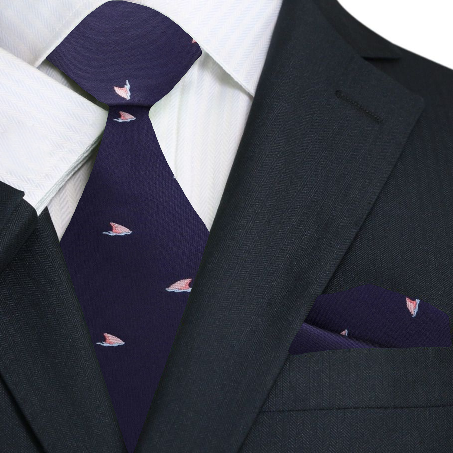 Dark blue silk tie with pink and grey shark fins pattern, ideal for office wear.