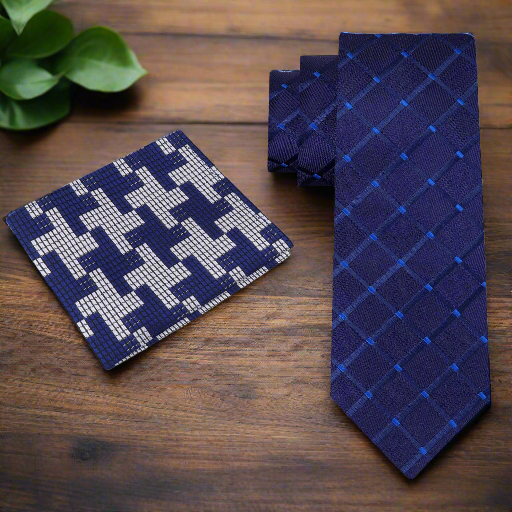 Dark blue geometric textured necktie styled with a suit for formal occasions