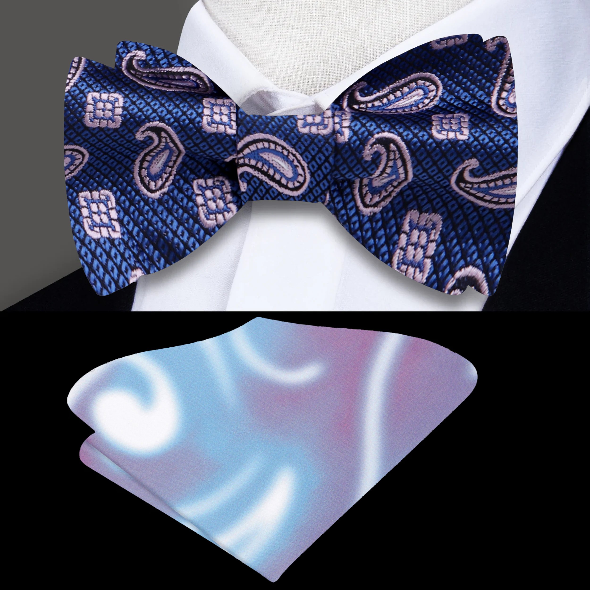 Elegant Dark Blue and Pink Paisley Bow Tie displayed on a white dress shirt