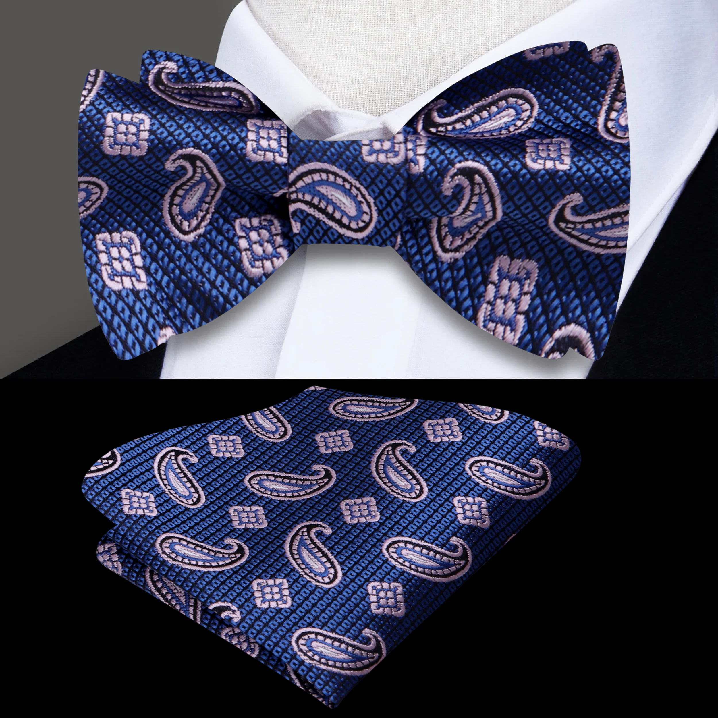 Close-up of the paisley pattern on the self-tie bow tie