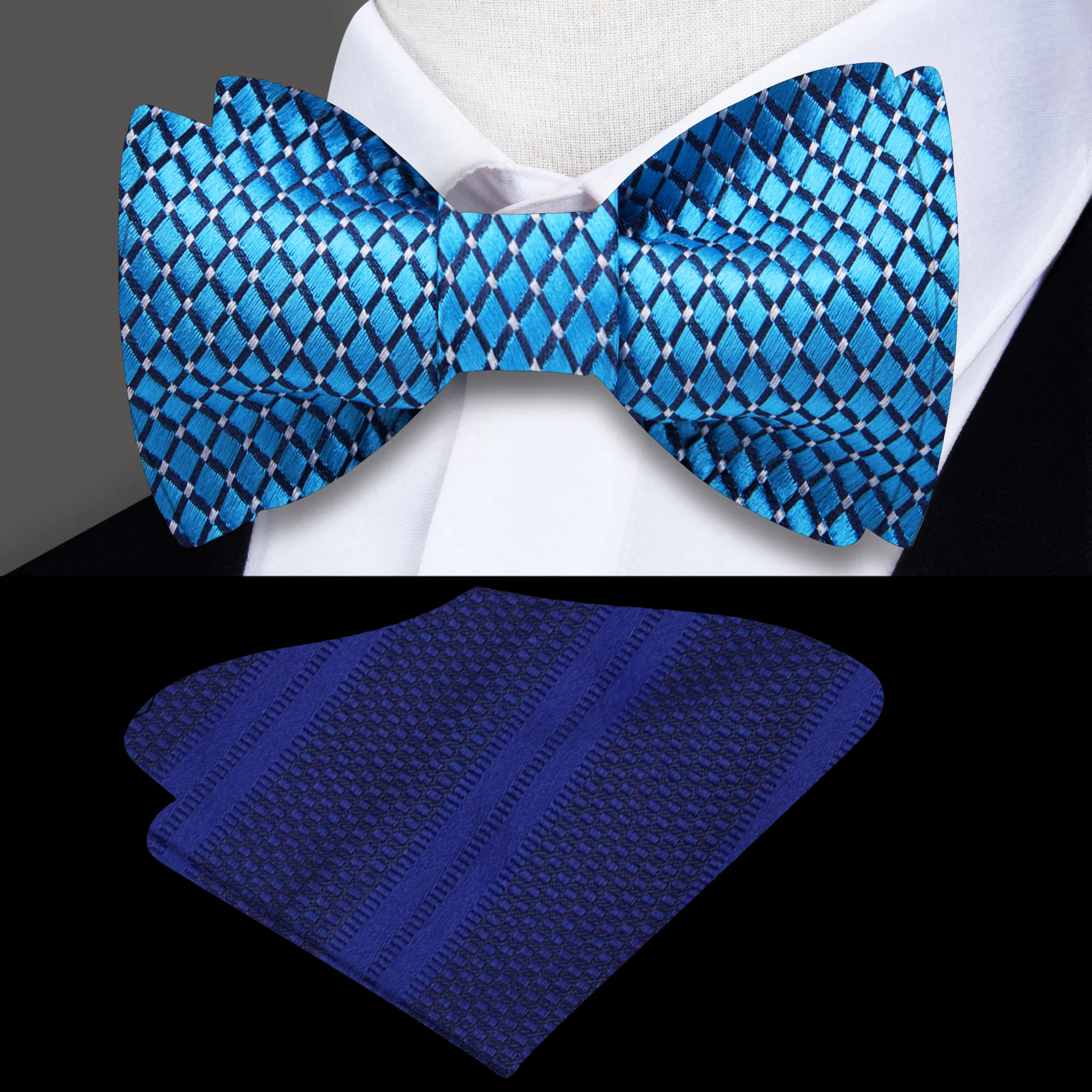 Man adjusting a pre-tied bow tie in a formal setting, showcasing the intricate check pattern