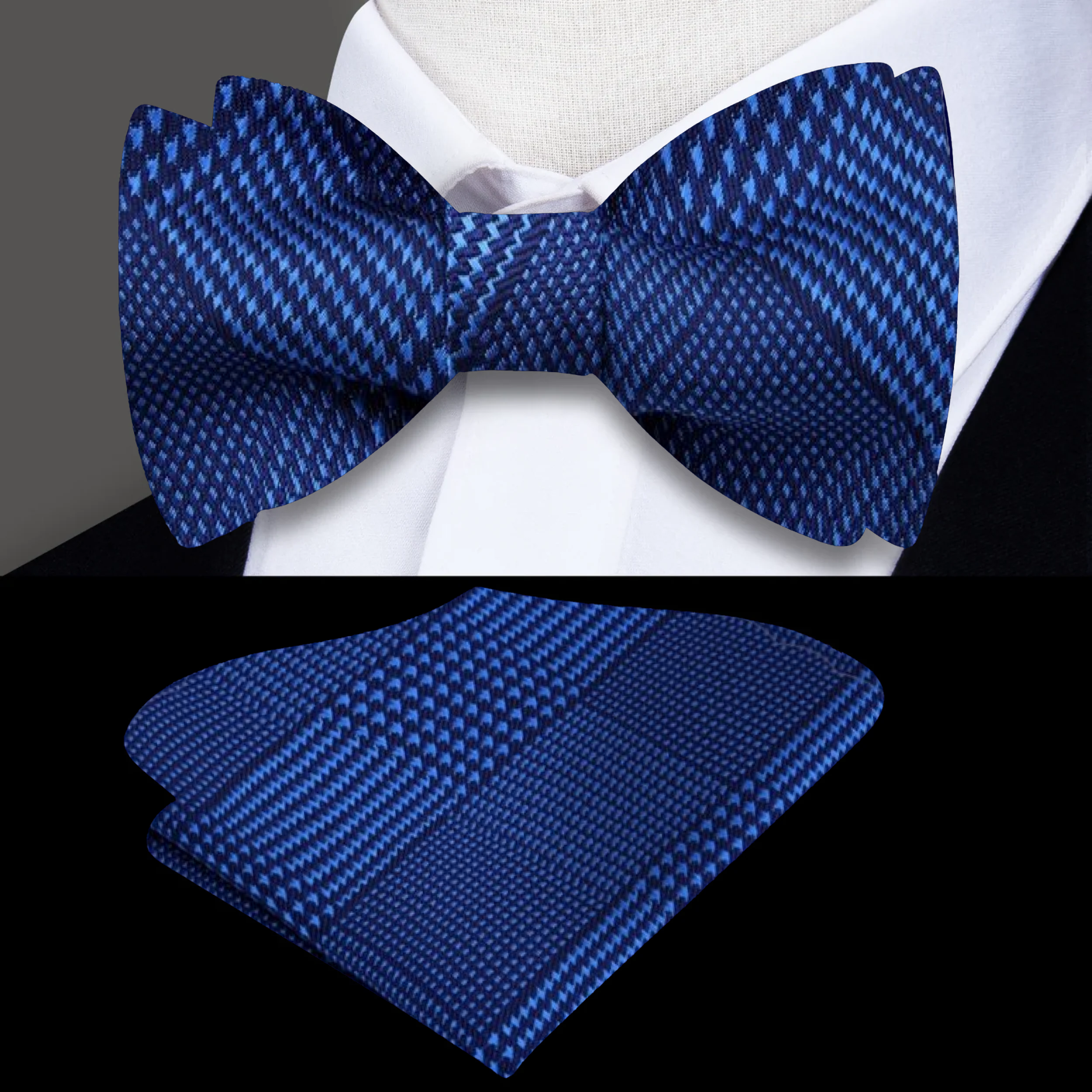 Front view of blue plaid pre-tied bow tie for kids, laid flat with matching pocket square