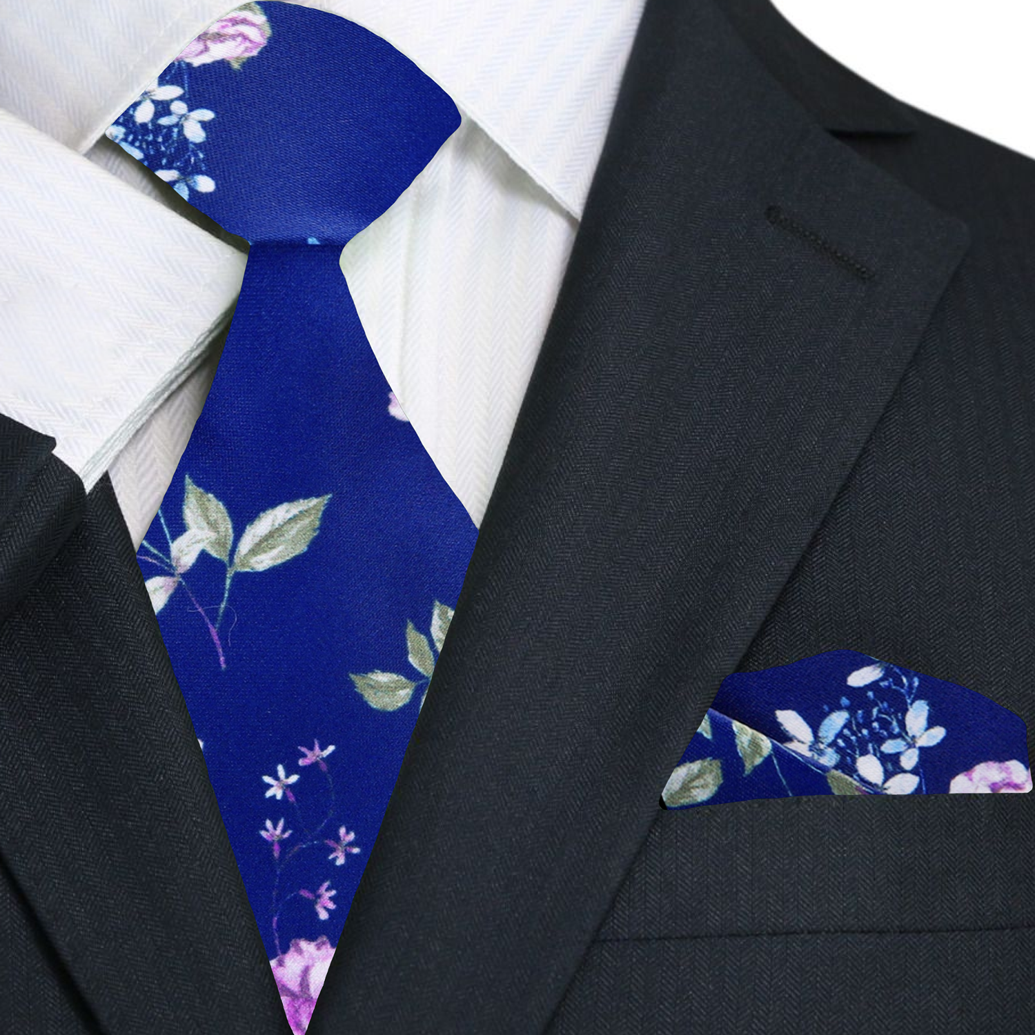 Model wearing a floral tie styled for garden parties and weddings