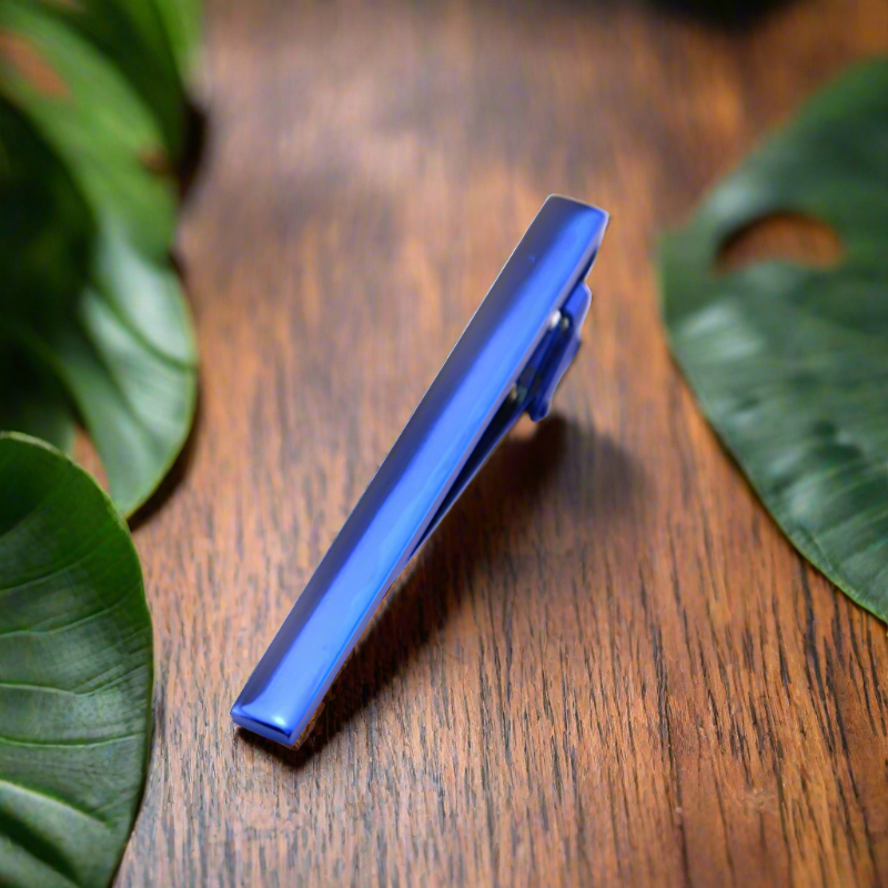 Solid tie bar in black chrome finish styled on grey formal suit
