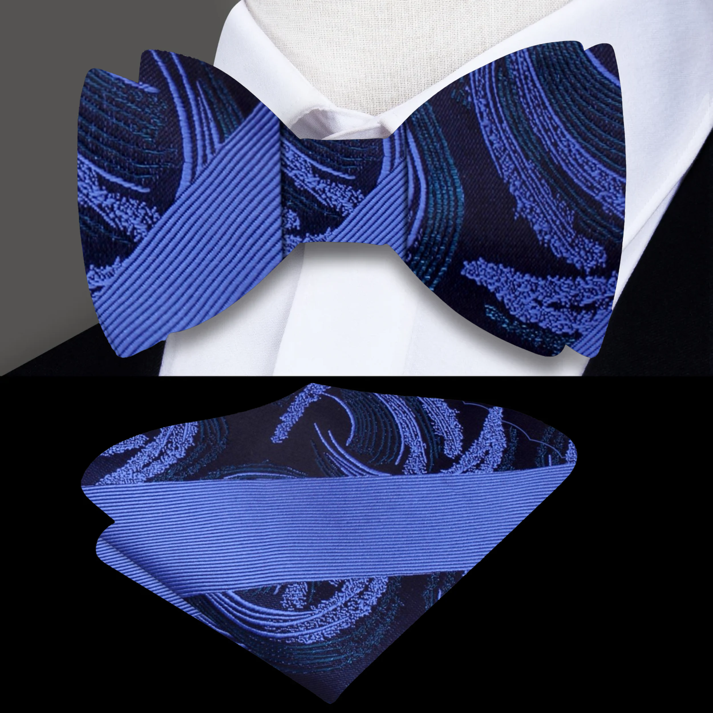 Folded bow tie and matching pocket square set, showcasing abstract swirl pattern