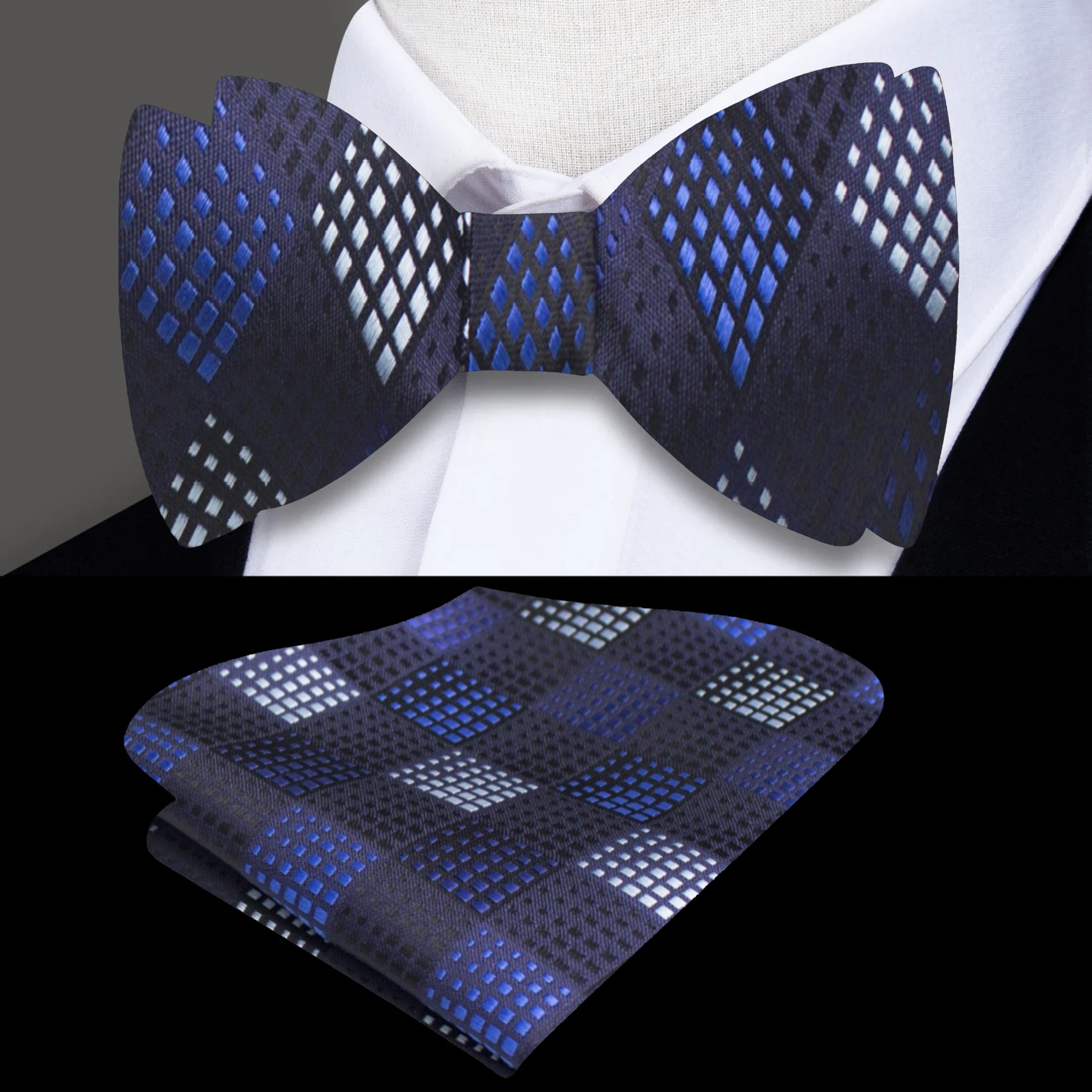 Elegant Geometric Self-Tie Bow Tie displayed against a formal setting, emphasizing its black and silver geometric design.