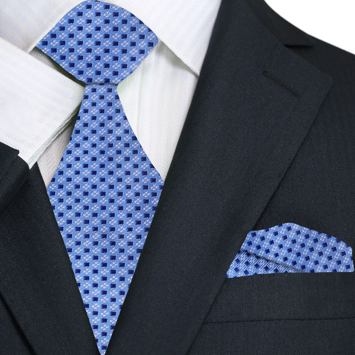 Light blue geometric tie styled with a navy blue suit, ideal for formal occasions.
