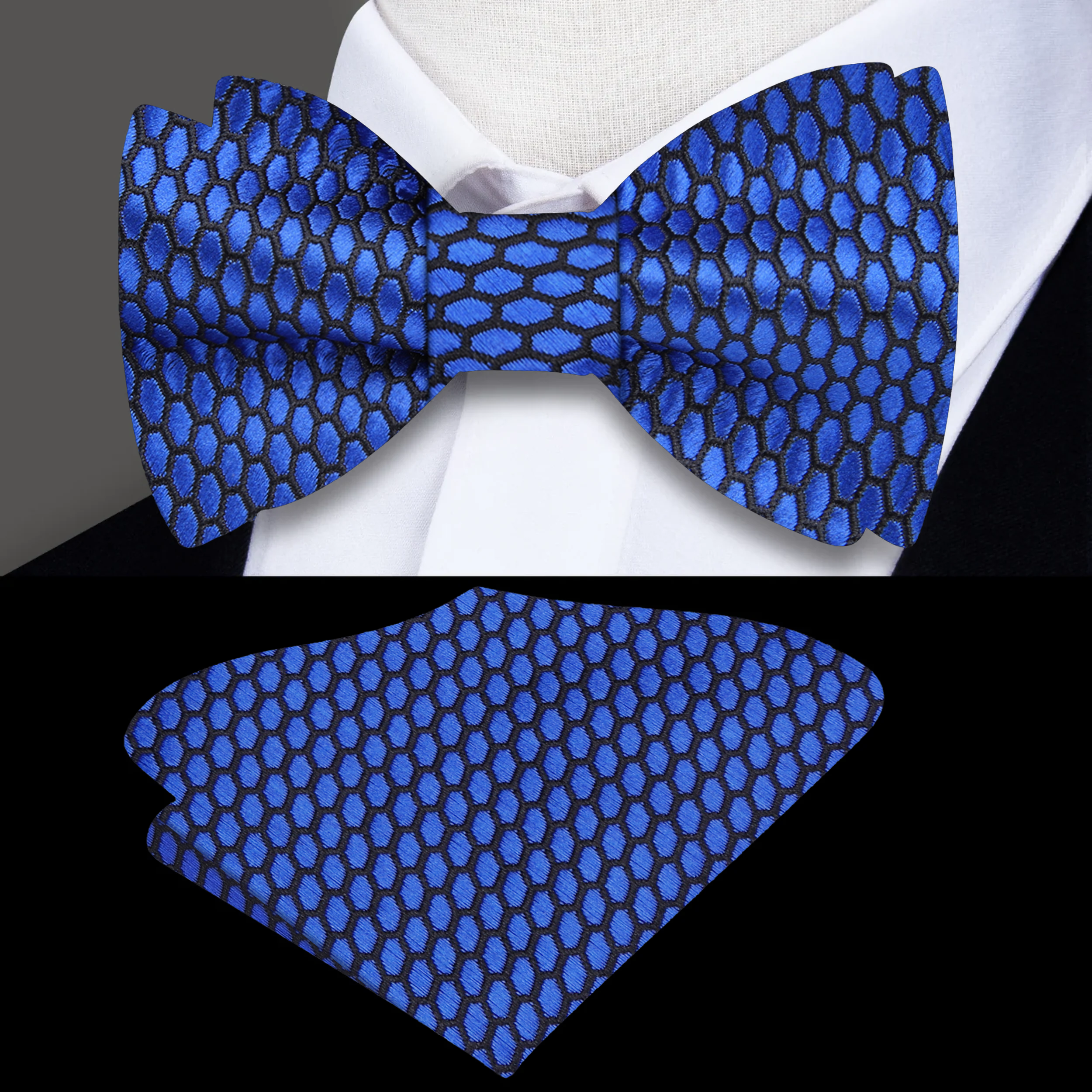 Close-up of the bow ties detailed geometric design