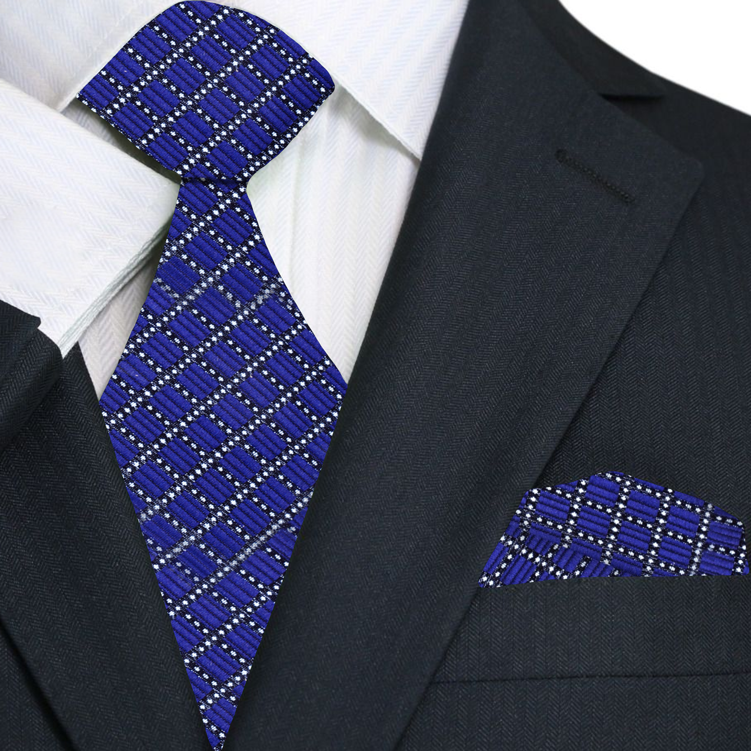 Front view of dark blue silk necktie with geometric check pattern, folded neatly