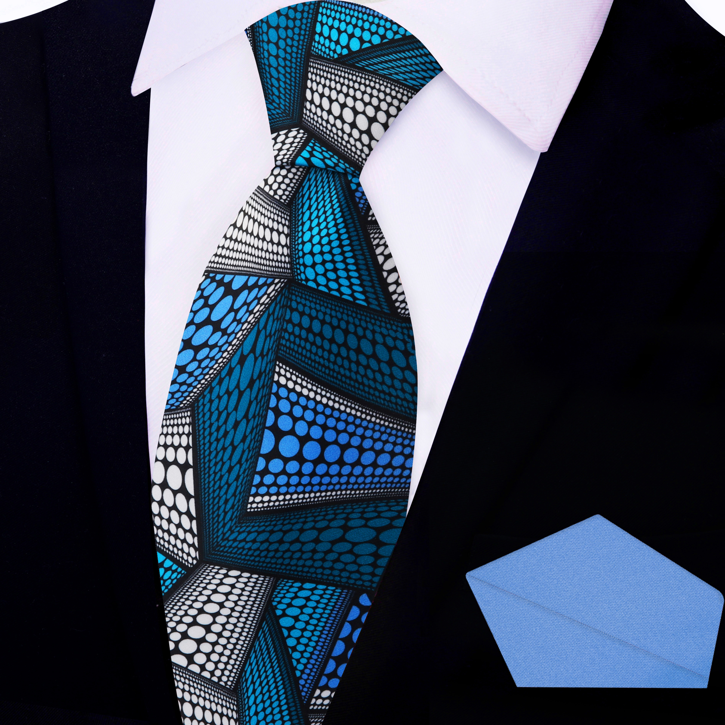 Close-up of Kente Elegance Necktie featuring intricate blue and white patterns.