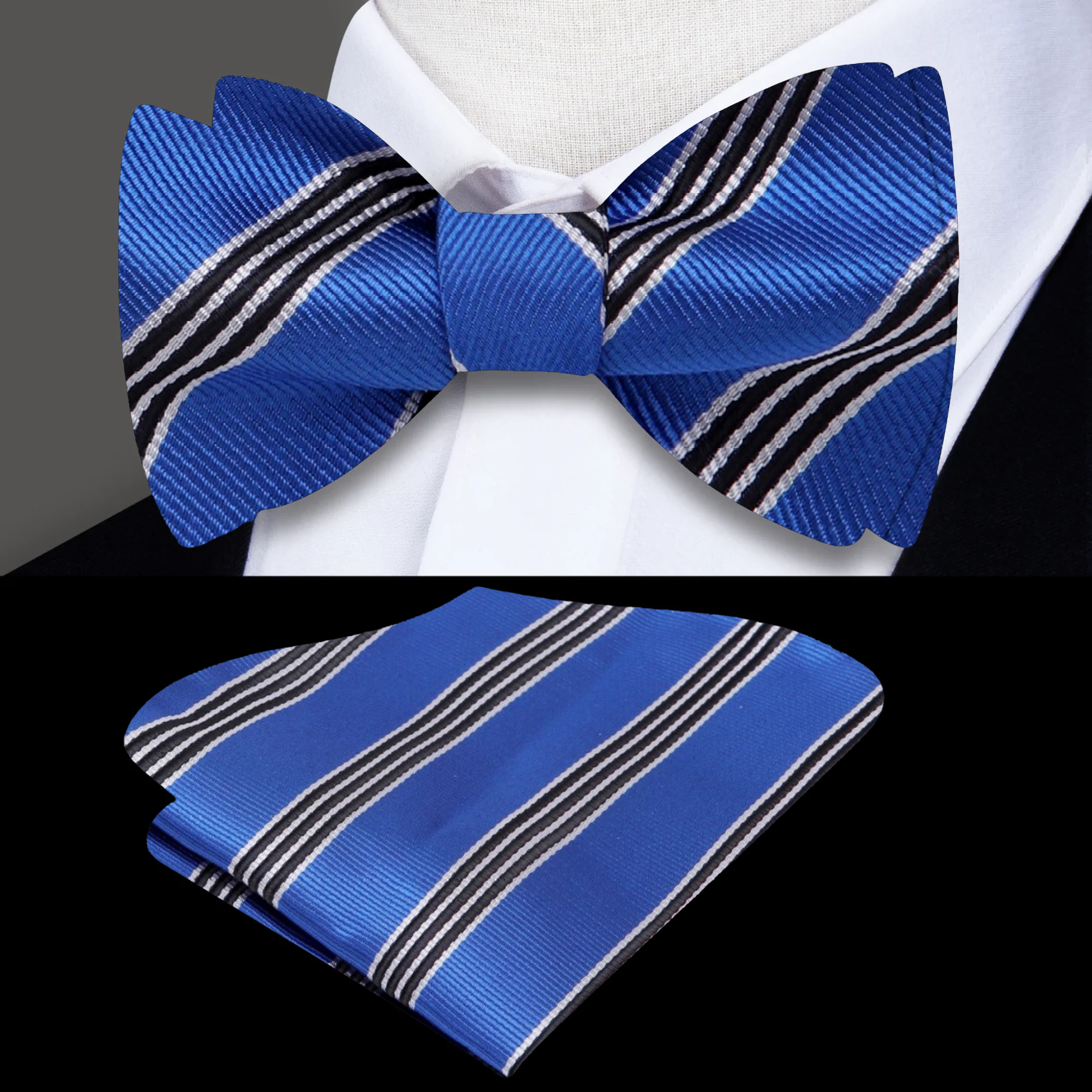 Close-up of luxury striped silk bow tie in oxford blue for formal wear