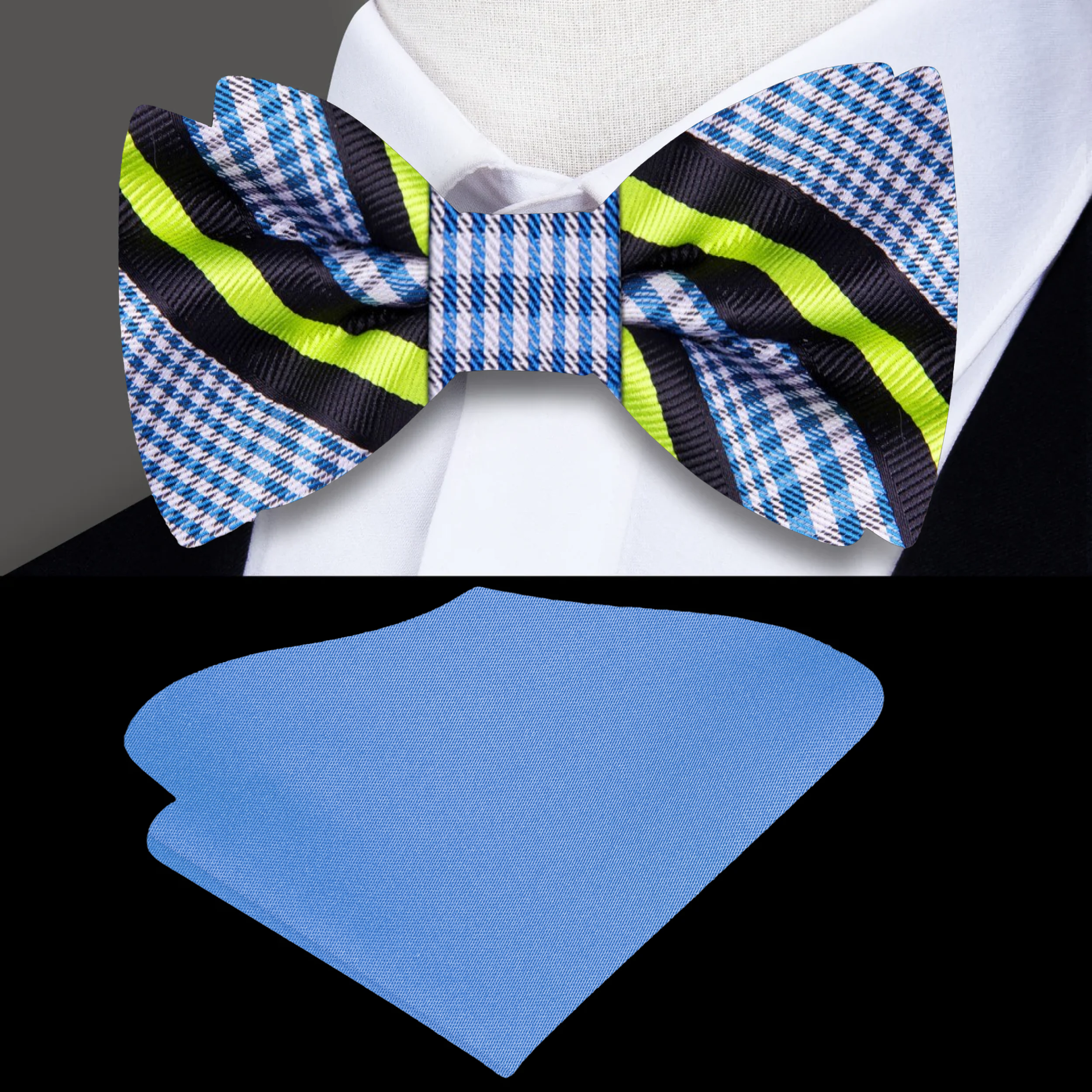 Vibrant Blue Plaid Bow Tie styled with a light blue dress shirt, perfect for formal occasions.