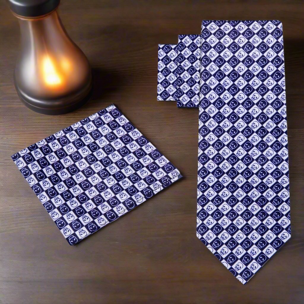 Mens checkered skulls necktie in blue and white, perfect for weddings or formal occasions