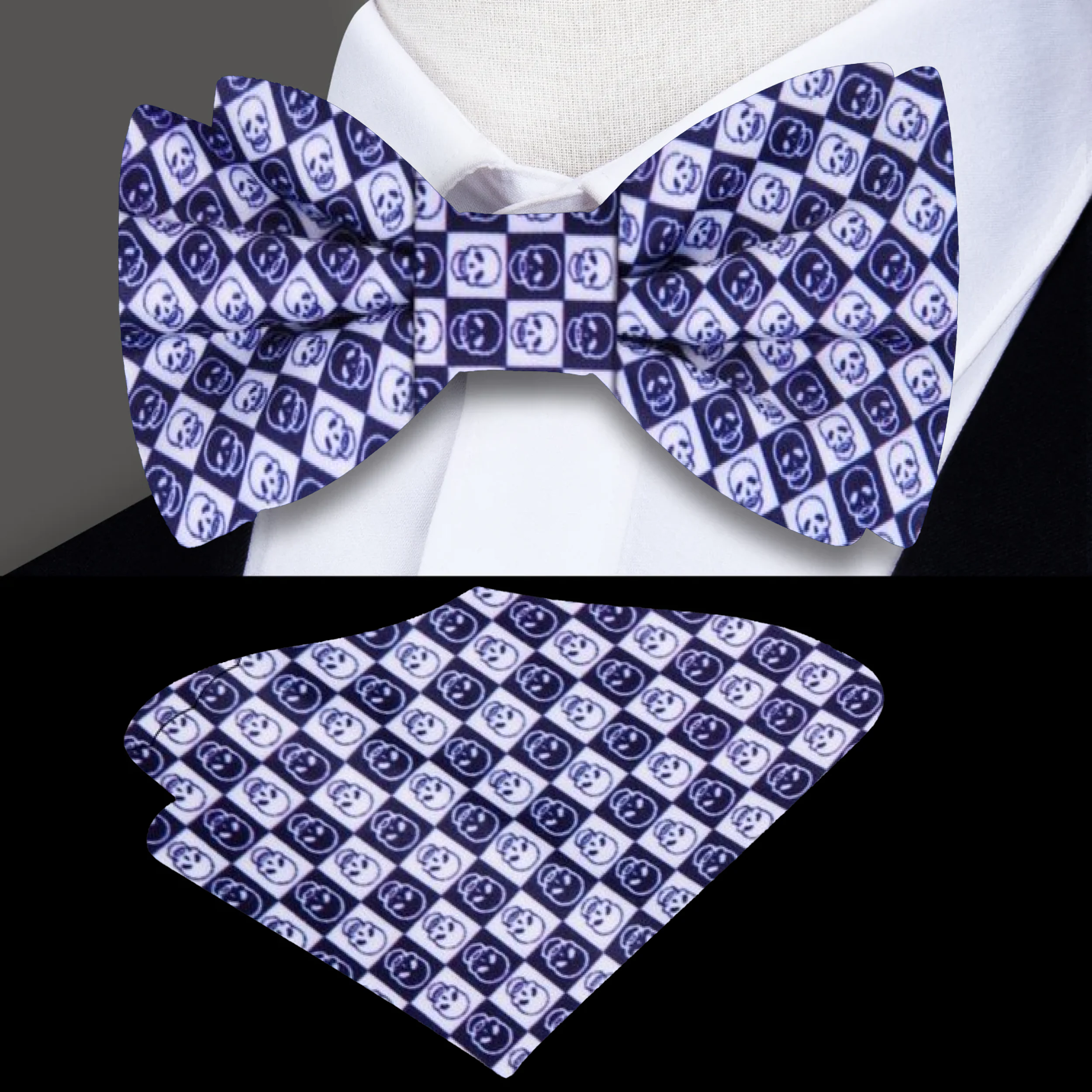 Close-up of the blue skull bow tie highlighting the intricate geometric design against a navy suit.