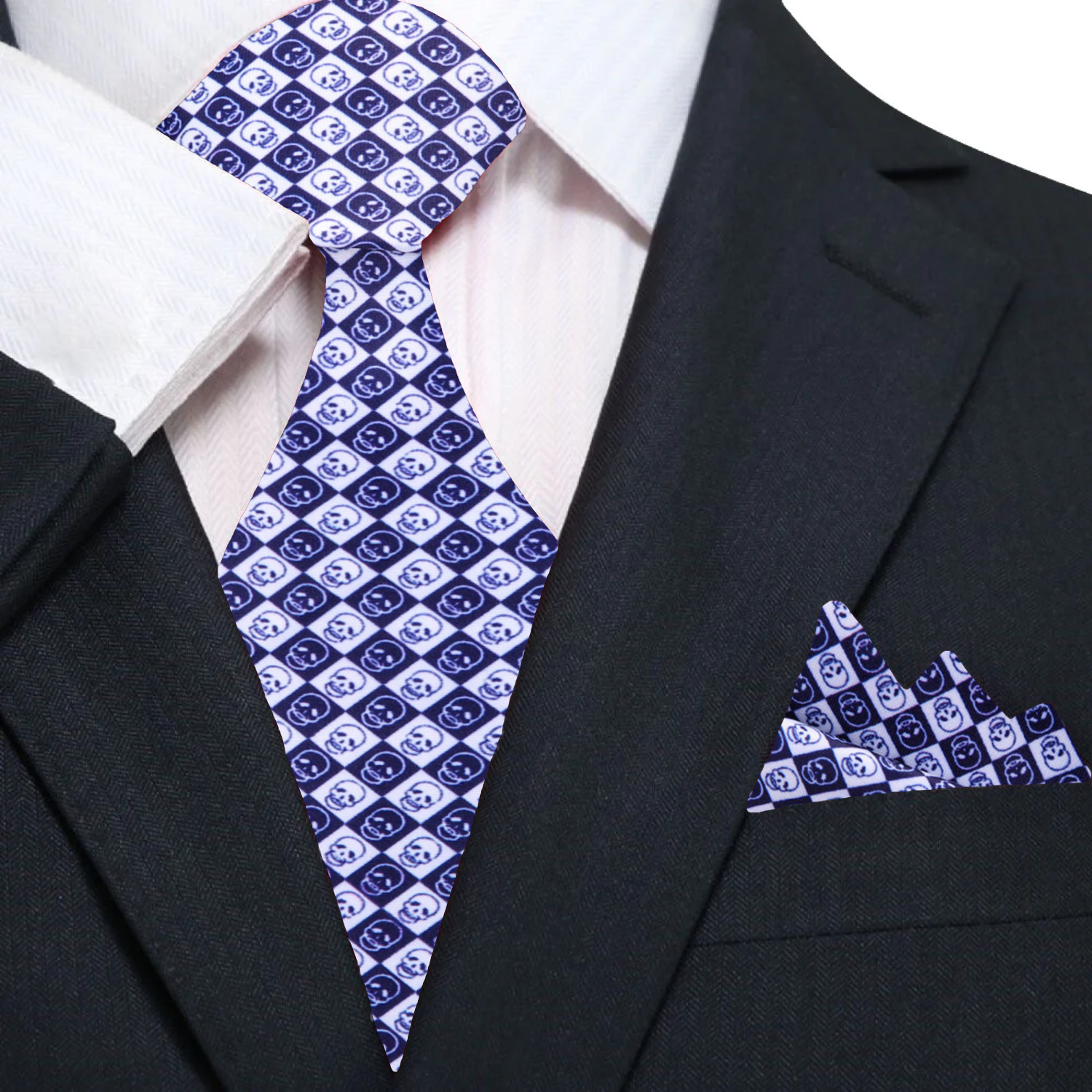 Men's checkered skulls necktie in blue and white, perfect for weddings or formal occasions