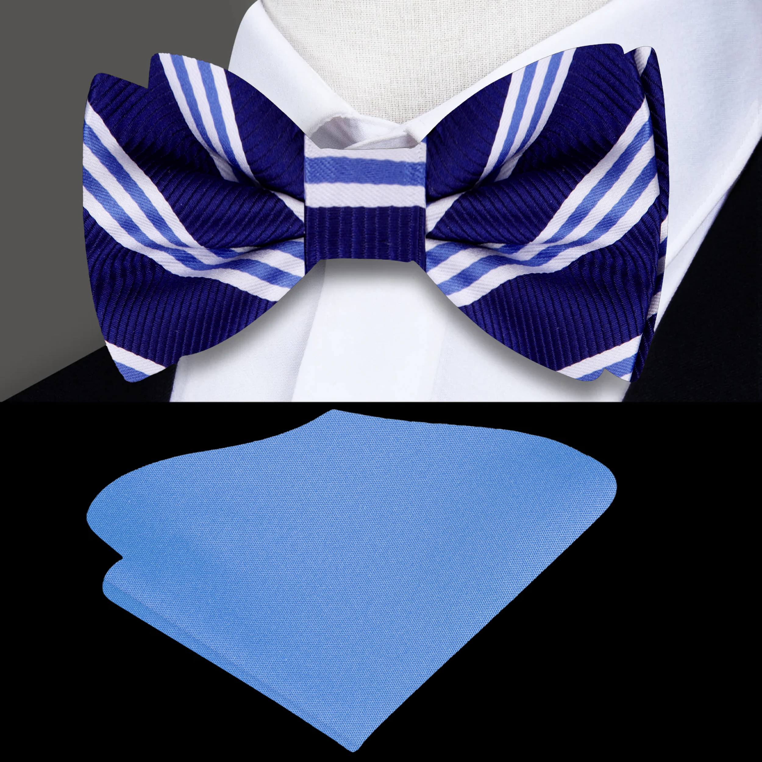 Close-up of navy blue silk striped bow tie for men, perfect for weddings