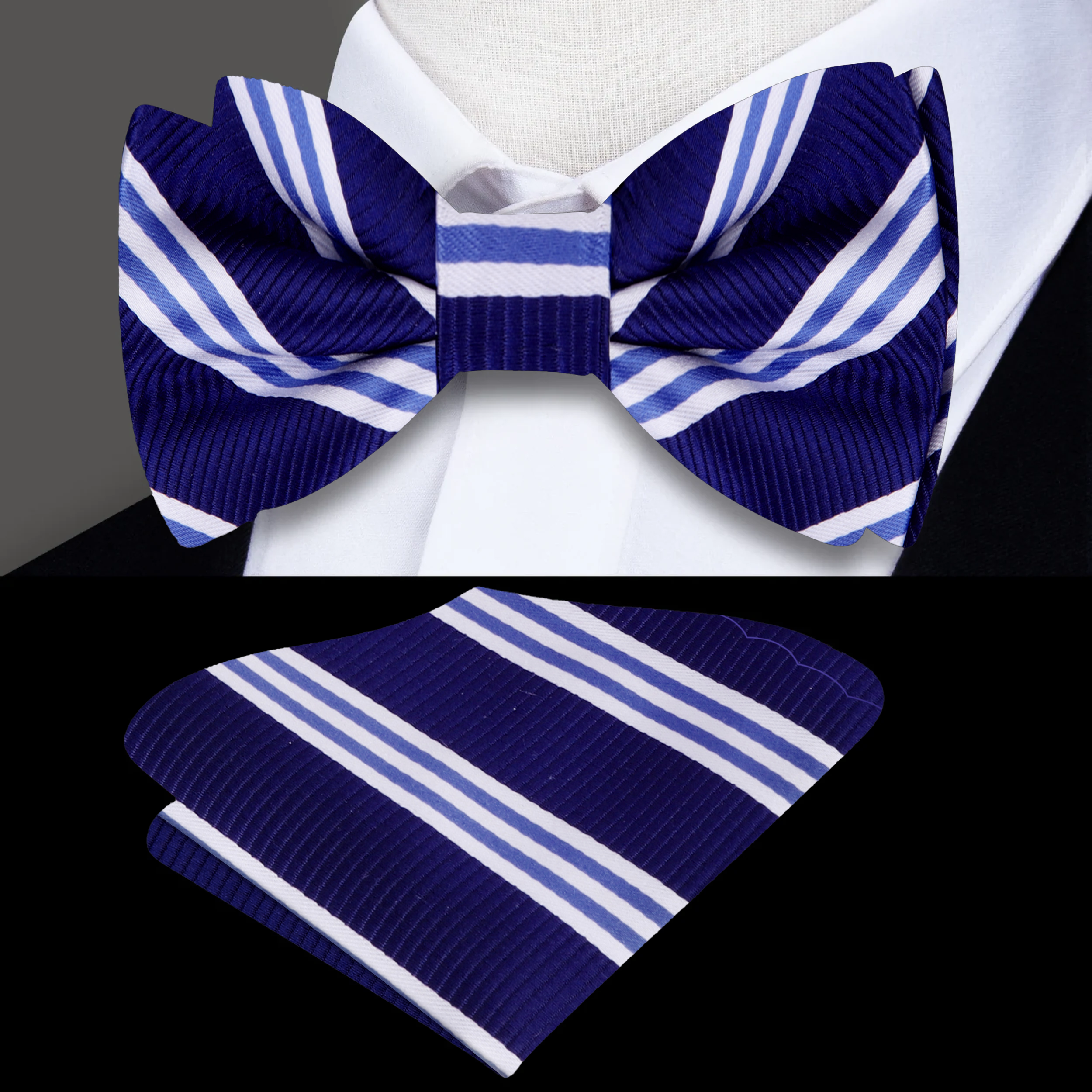 Man adjusting pre-tied dark blue bow tie for formal events