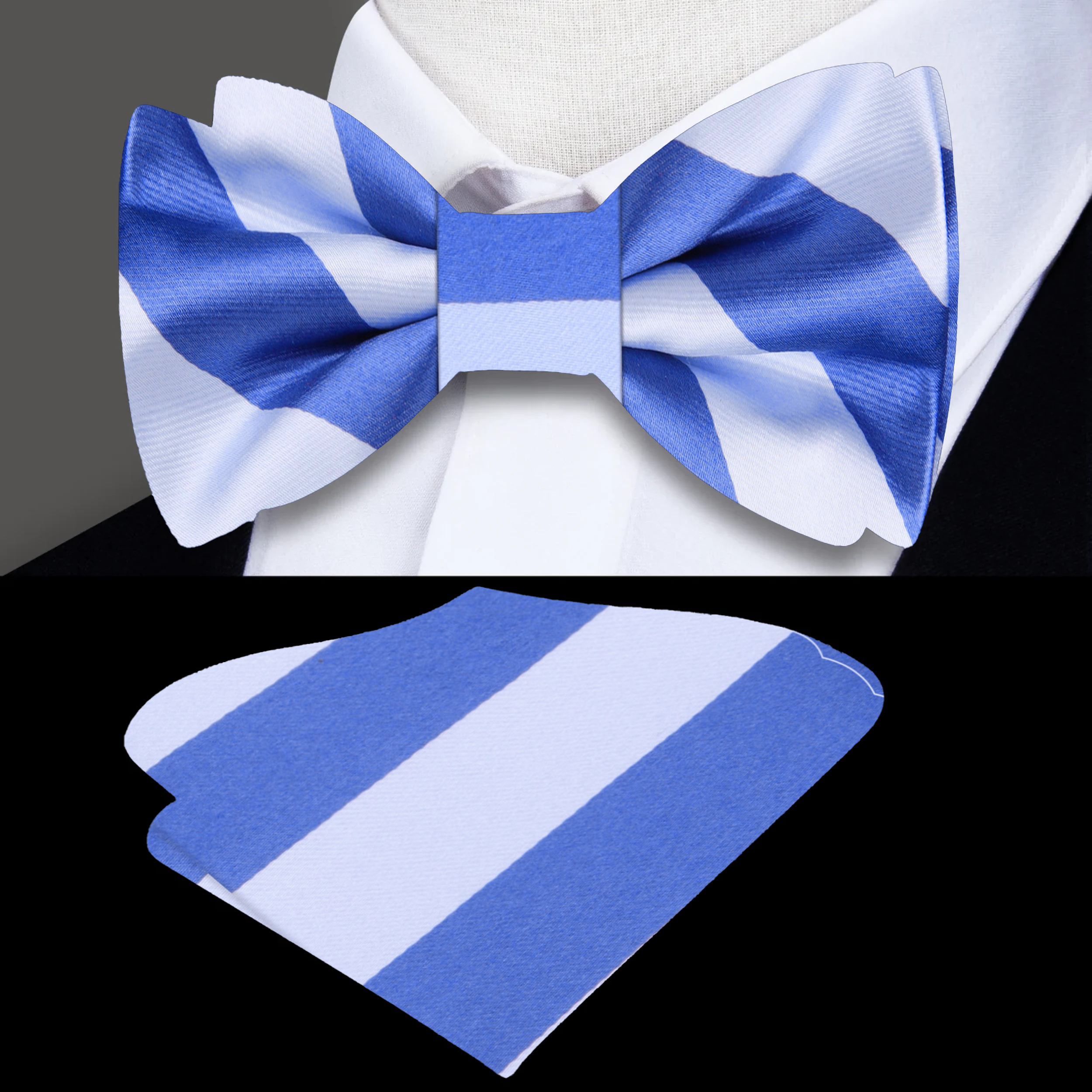 Elegant green and white striped silk bow tie on a dress shirt
