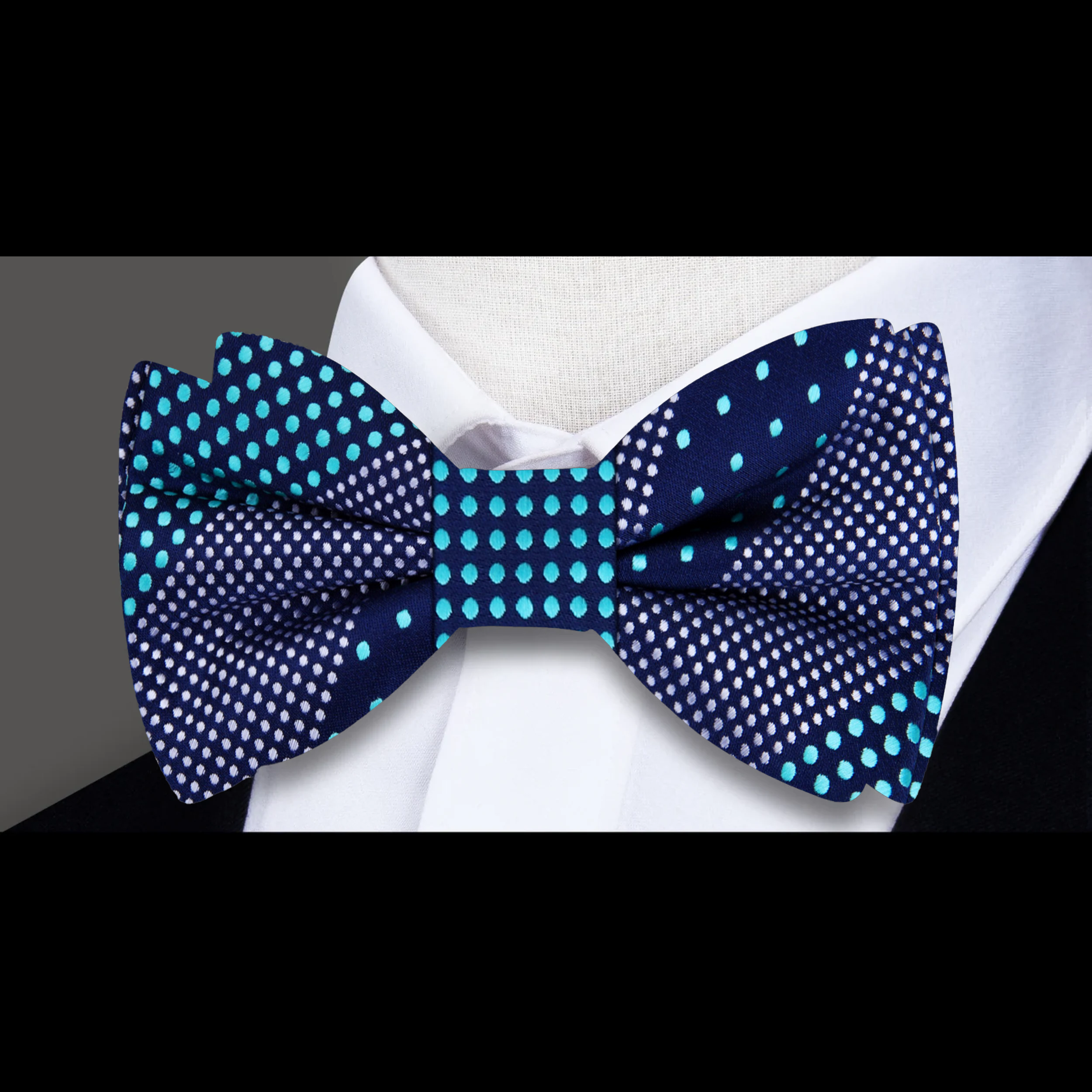 Close-up of Palermo dark blue bow tie with light blue dots, elegant formal accessory