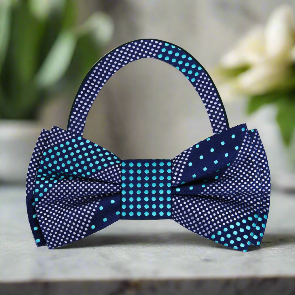 Front view of silk bow tie with pattern, ideal for cocktail parties and formal events