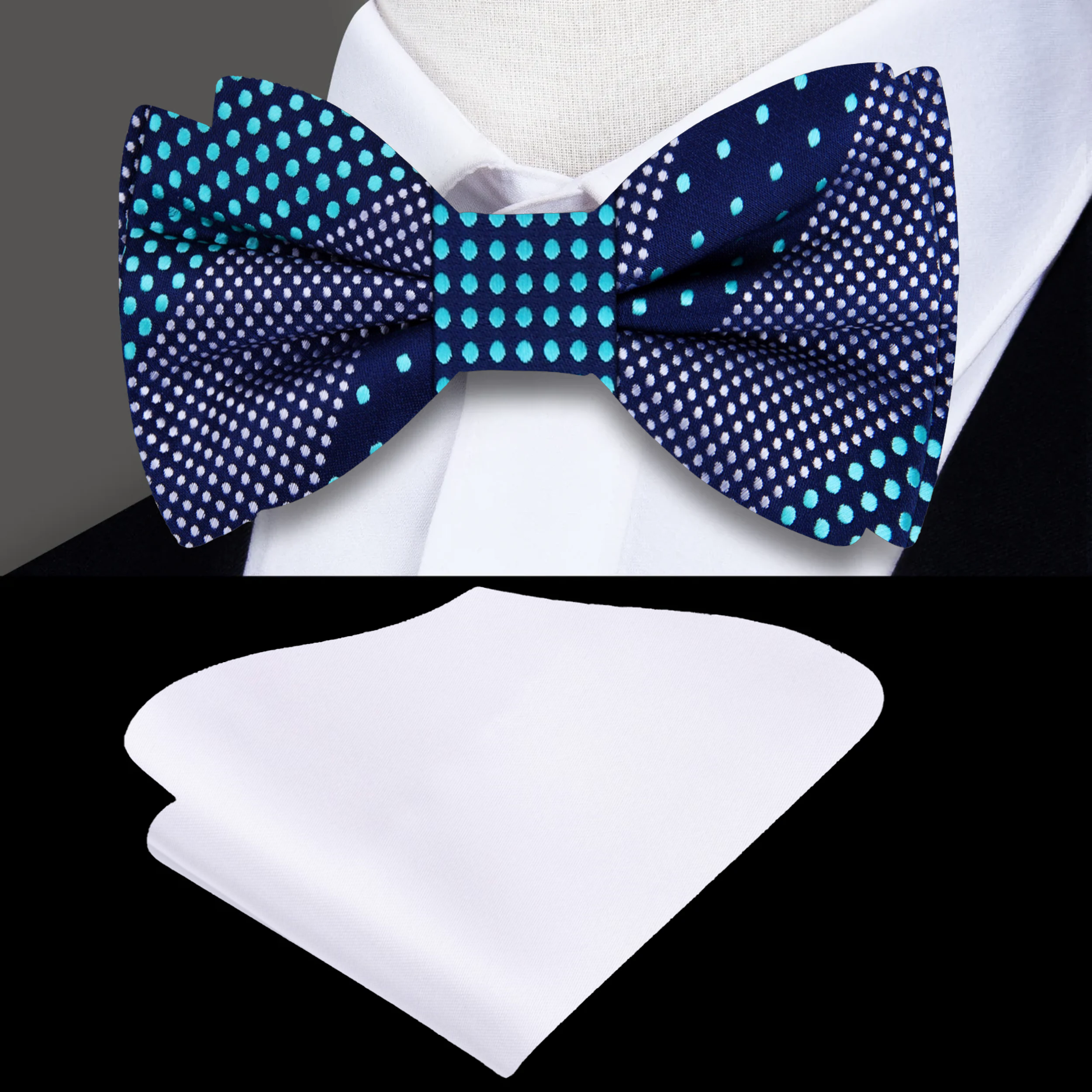 Close-up of Palermo dark blue bow tie with light blue dots, elegant formal accessory