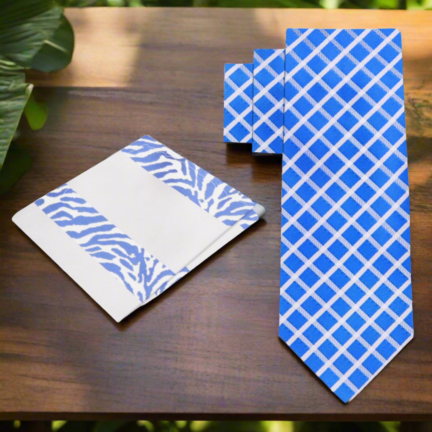 Silk necktie with geometric design paired with a navy suit for wedding attire