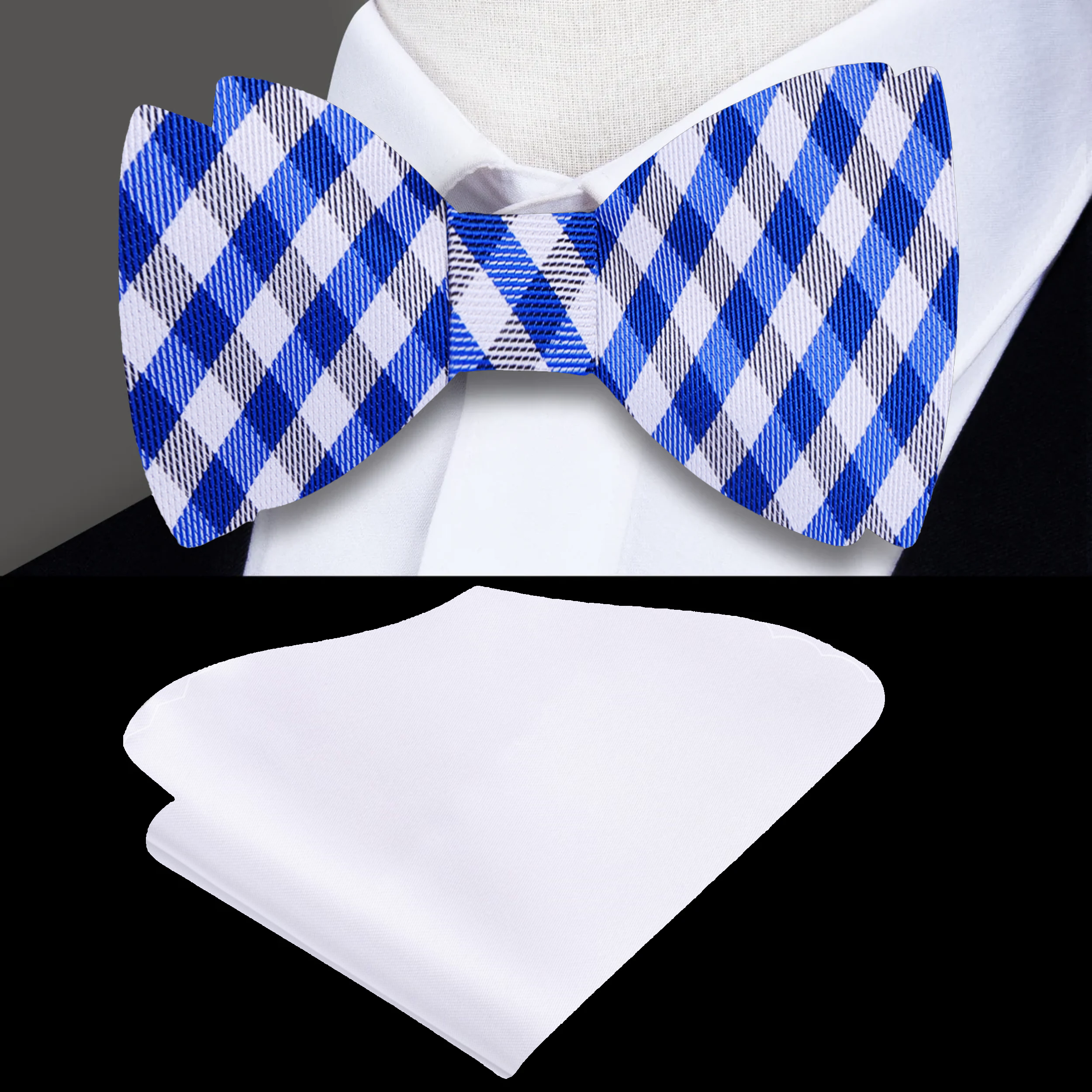 Front view of the men's gingham bow tie in white and dark blue plaid pattern, perfect for weddings