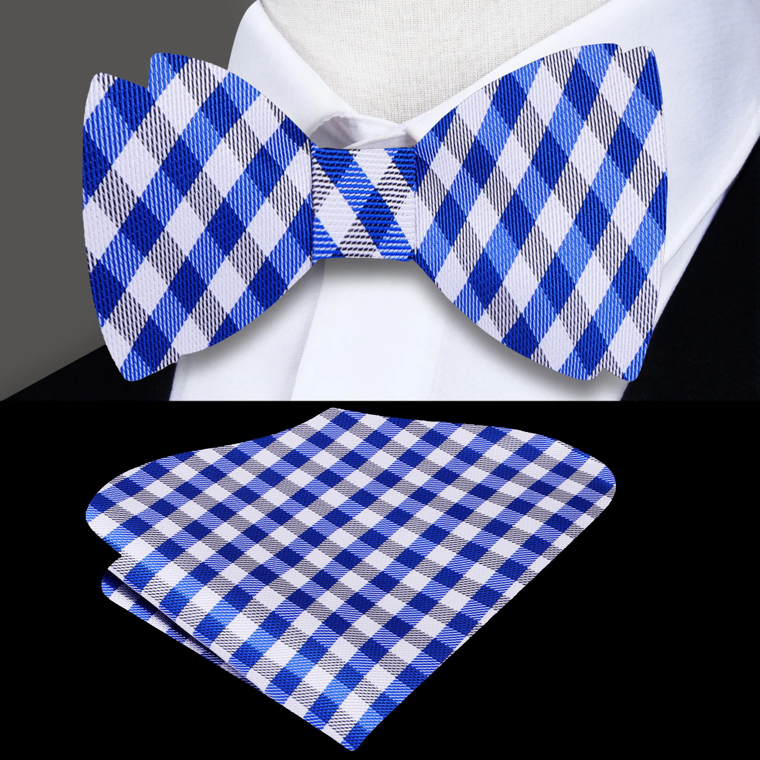 Styled image showing the self tie bow tie paired with a light blue dress shirt for business casual attire