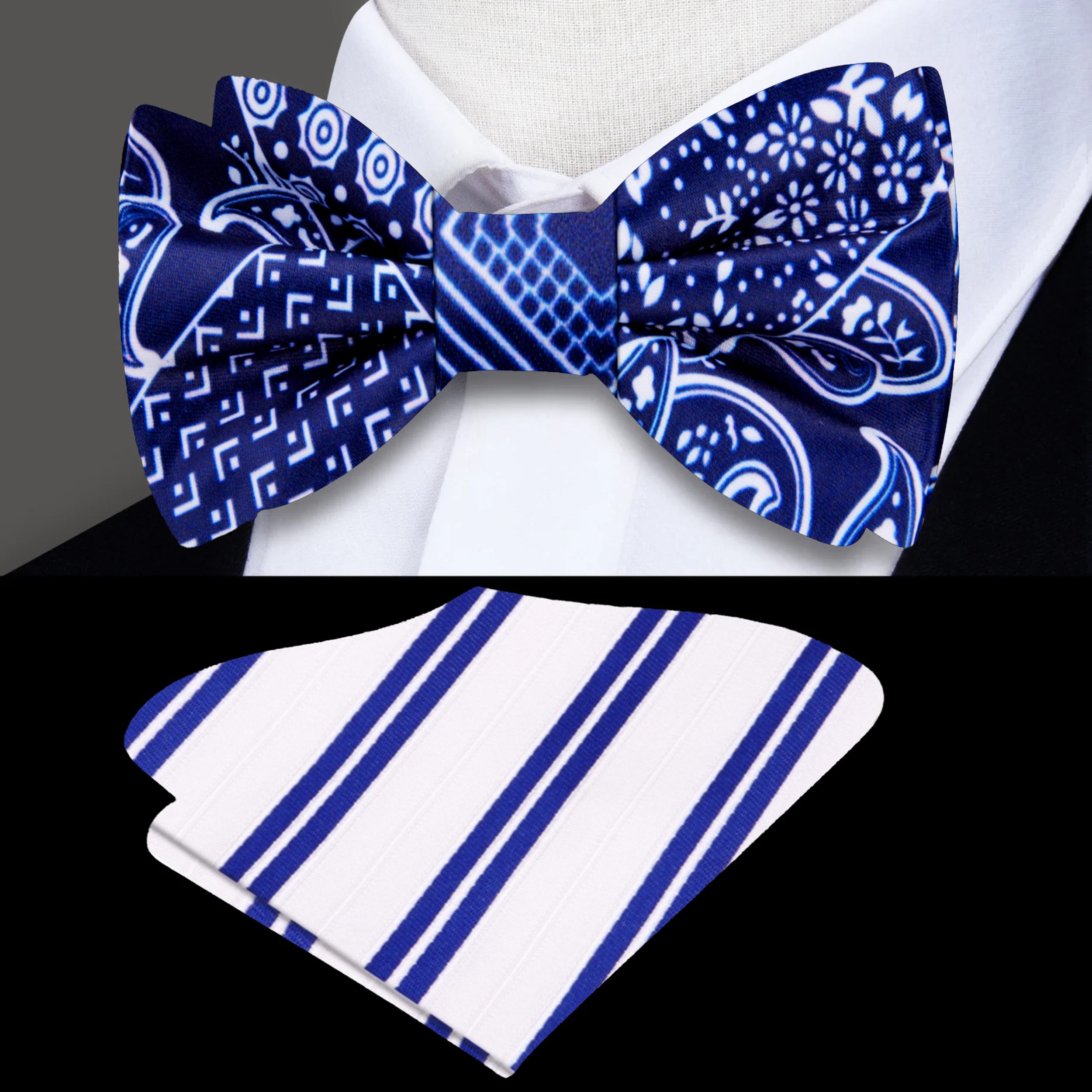 Elegant dark blue paisley bow tie, highlighted against a white background, showcasing its intricate pattern.