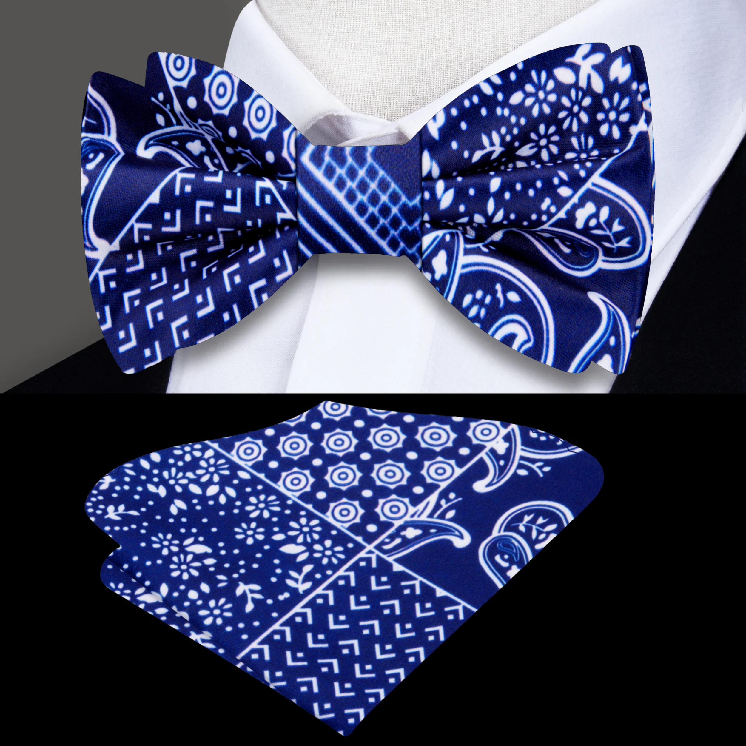 Pre-tied bow tie featuring a patchwork paisley design, elegantly displayed with a formal shirt.