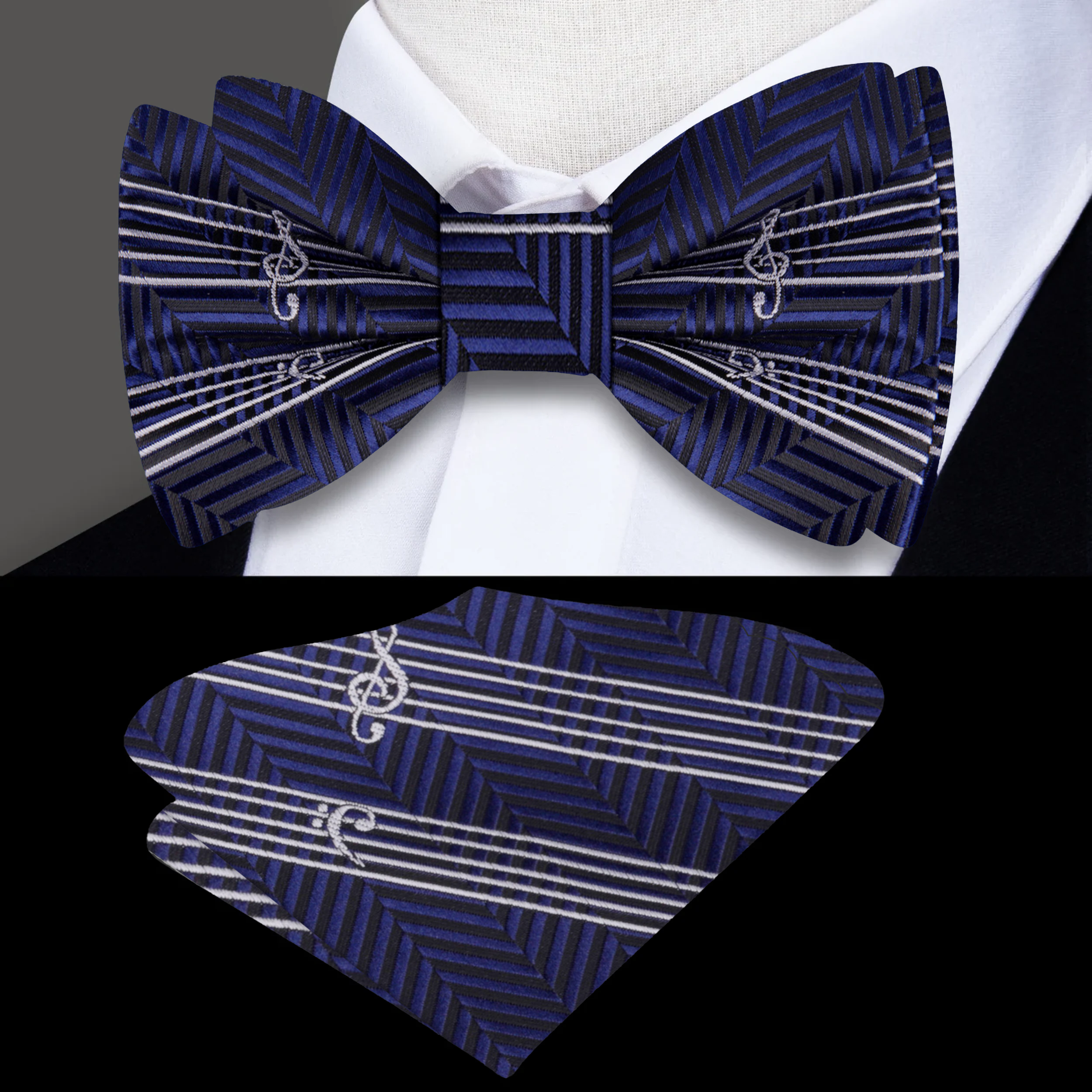 Close-up of a silk music-themed bow tie with sheet music pattern, ideal for concerts